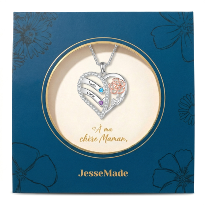 Collier Coeur Personnalisé avec 2-4 Prénoms Gravures et Pierres de naissance Collier Personnalisé Cœur et Fleur pour Femme | Jessemade