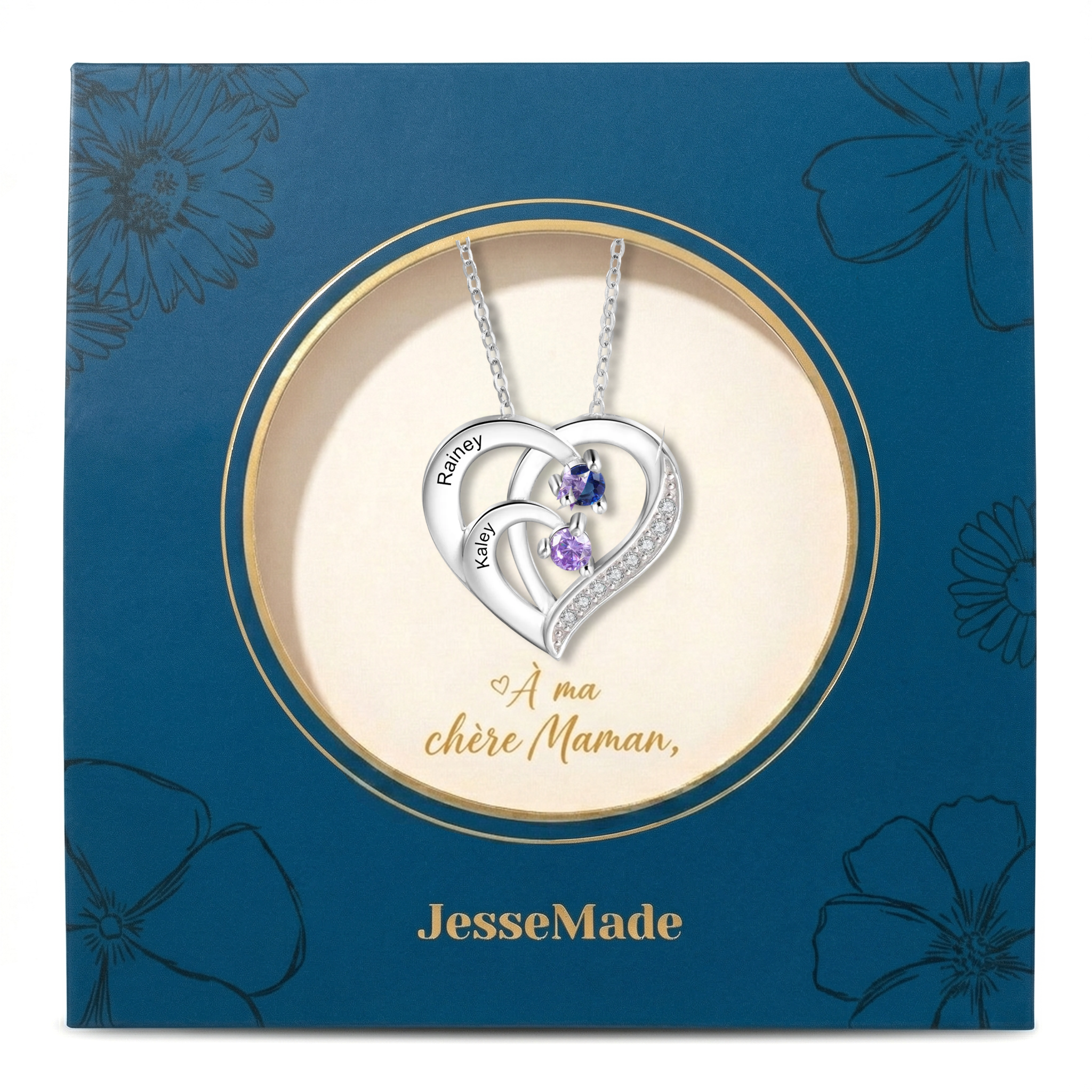 Collier Pendentif en forme de Cœur Personnalisés avec 2-6 Prénoms et 2-6 Pierres de Naissance pour Femme | Jessemade