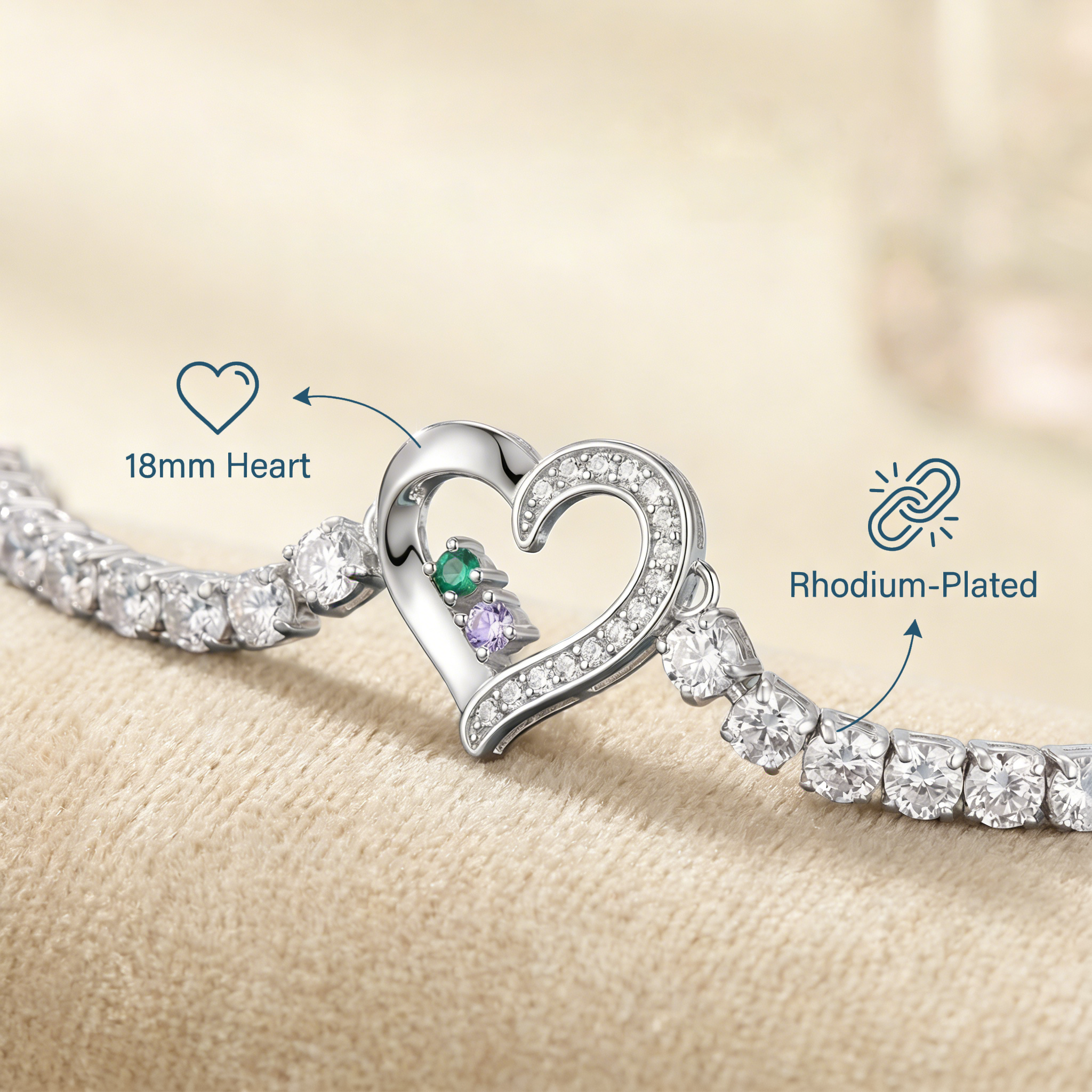 Bracelet Tennis Cœur ajustable avec 2-4 Pierres de naissance et Prénoms