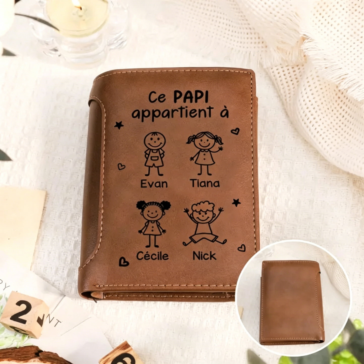Portefeuille en Cuir Personnalisé à trois volets avec de 1 à 6 Prénoms d’enfants, cadeau pour Papa ou Grand-Père