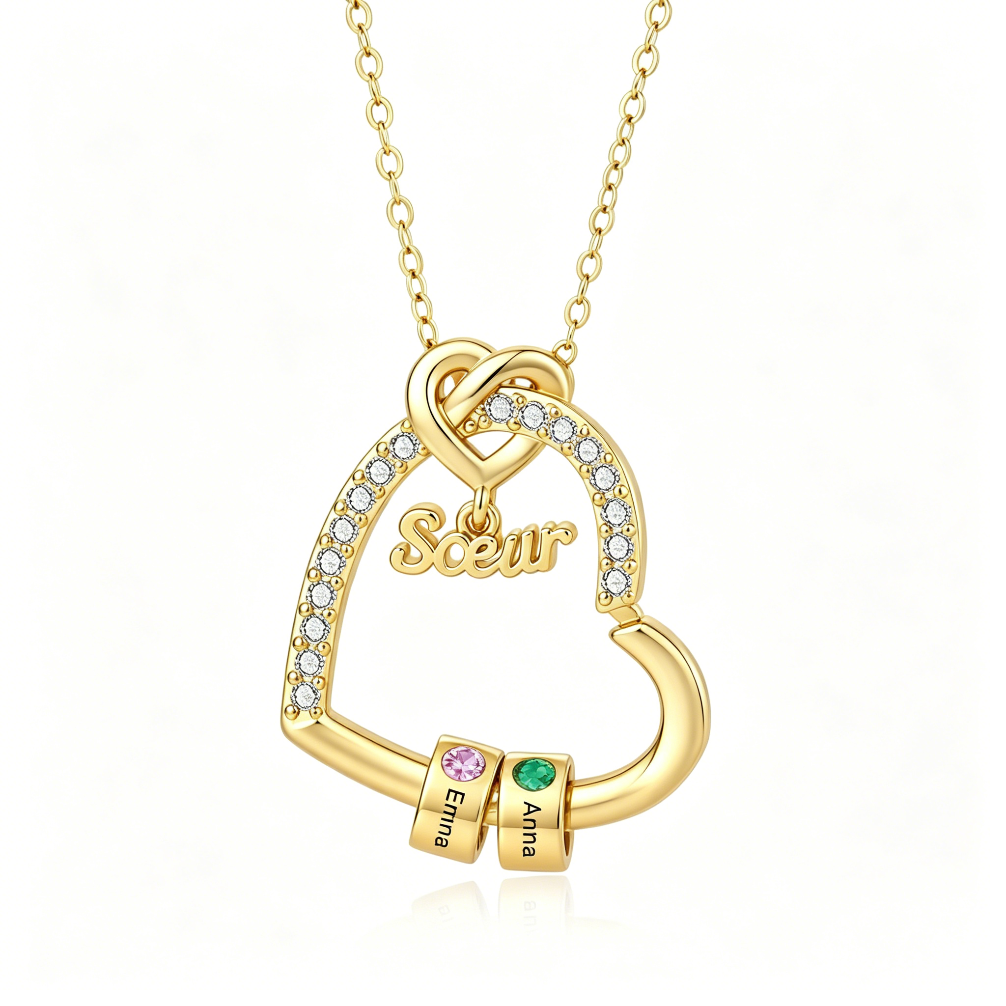 Collier Cœur Personnalisé avec 1 à 7 Prénoms et Pierres de naissance, Cadeau pour Sœur ou Amie