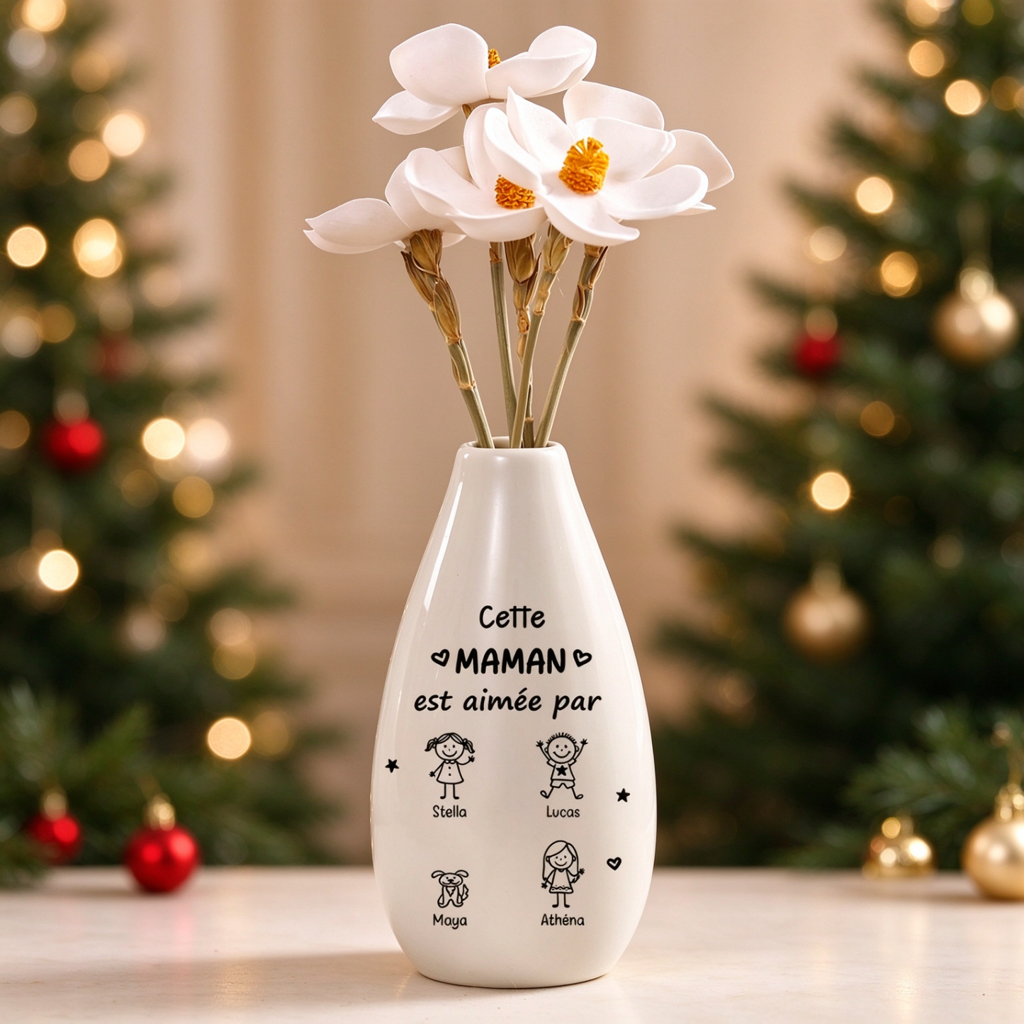 Vase à fleurs en céramique personnalisé avec prénoms et personnages de la famille, cadeau de fête des Mères pour maman ou mamie | Jessemade