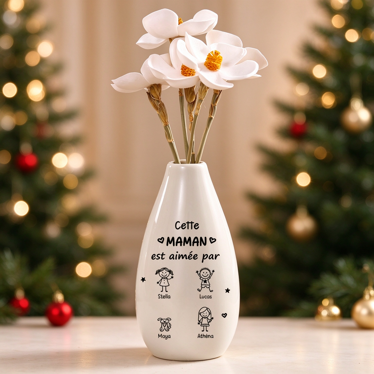 Vase à fleurs en céramique personnalisé avec prénoms et personnages de la famille, cadeau de fête des Mères pour maman ou mamie | Jessemade