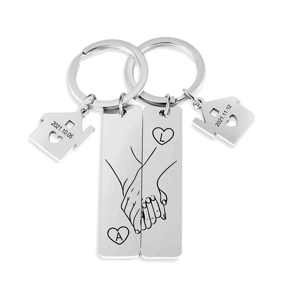 Porte-Clés la main dans la main 2 lettres Personnalisé avec 2 Dates