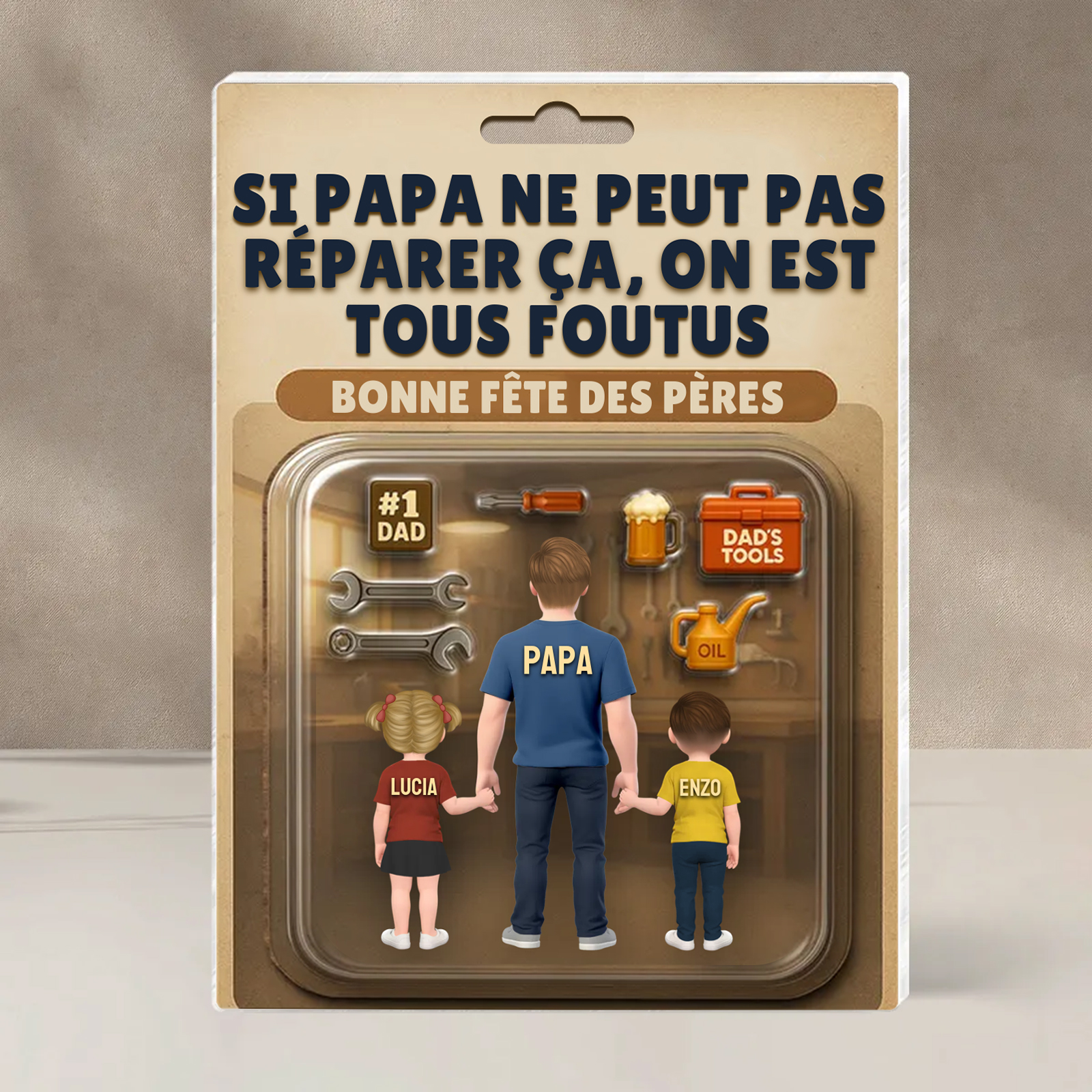 Plaque Acrylique Personnalisée Fête des Pères – « Si Papa ne peut pas réparer ça, on est tous foutus » – Cadeau avec prénoms des enfants | Jessemade
