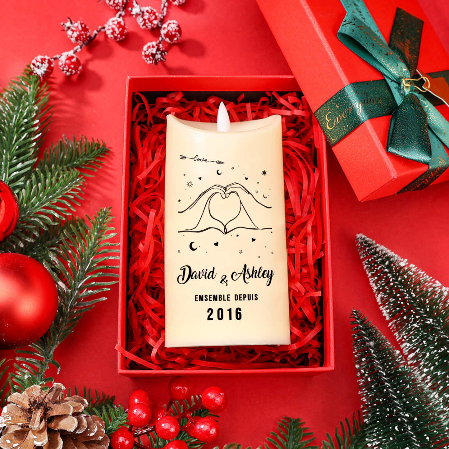 Bougie Électronique 2 Prénoms Personnalisés avec Années Bougie LED Cadeau Coffret pour Couple | Jessemade