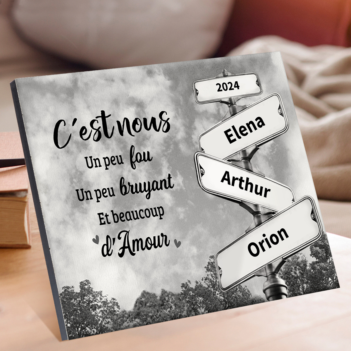 Cadre en Bois panneau indicateur 2-6 Prénoms et 1 Texte Personnalisés