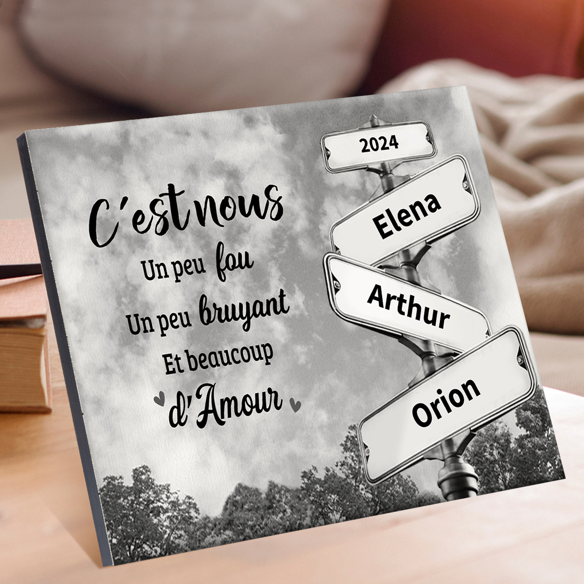 Cadre en Bois panneau indicateur 2-6 Prénoms et 1 Texte Personnalisés