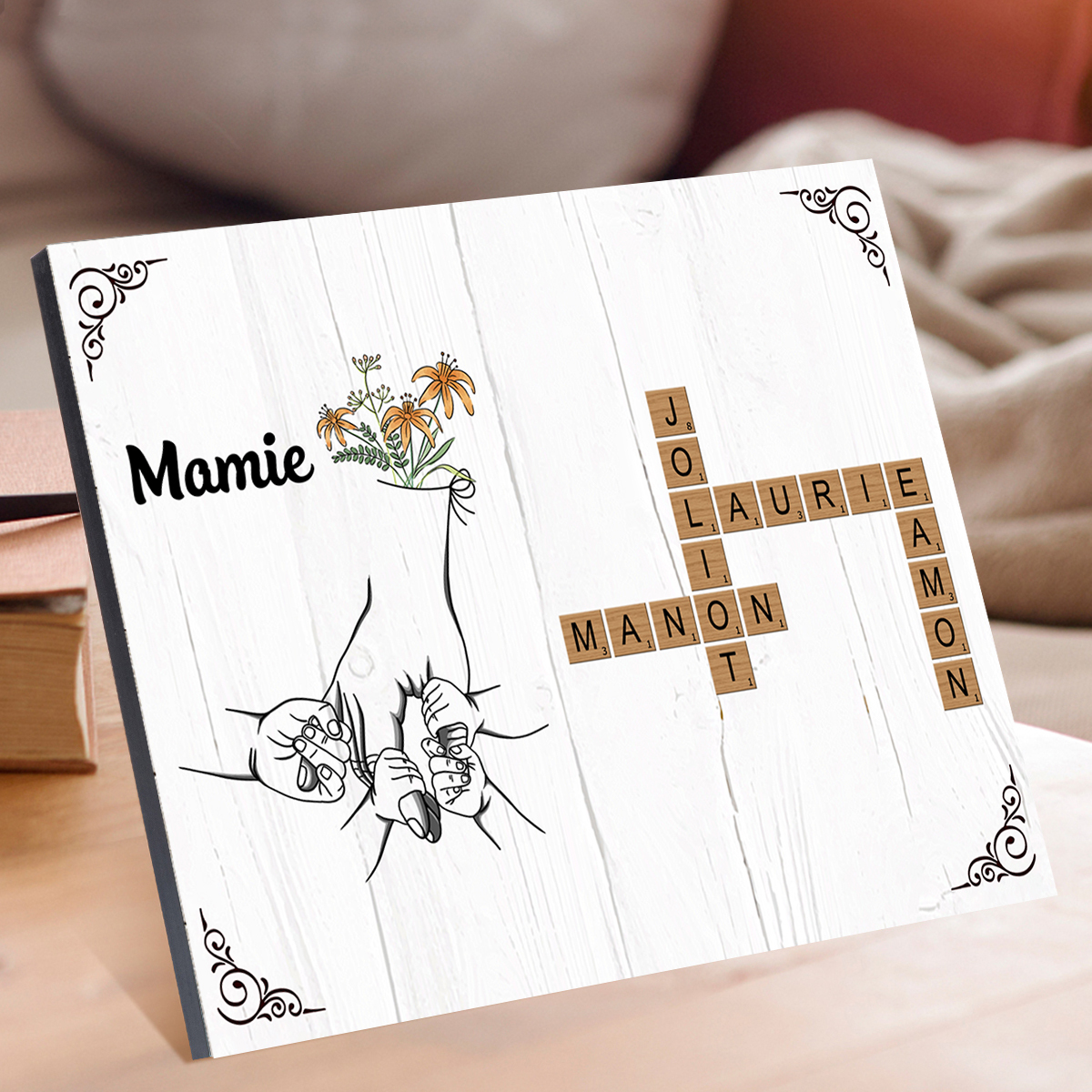 À Mamie - Cadre en Bois Grille de Mots Croisés 1-12 Prénoms Personnalisés Déco de Famille Cadeau Mamie | Jessemade