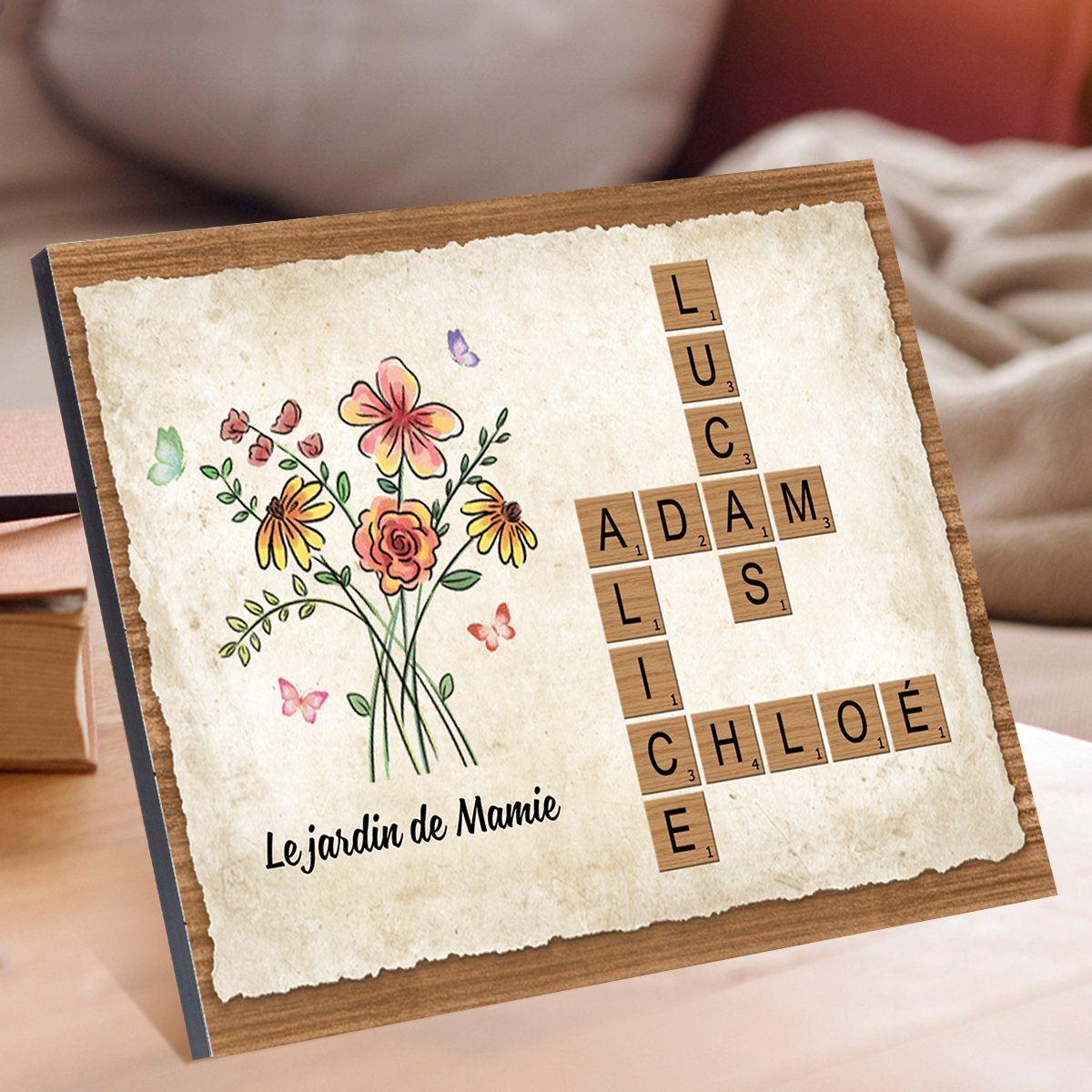 À Mamie - Cadre en Bois grille de mots croisés 1-7 Prénoms Personnalisés Jardin de Mamie Cadeau Pour Grand-Mère | Jessemade