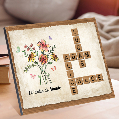 À Mamie - Cadre en Bois grille de mots croisés 1-7 Prénoms Personnalisés Jardin de Mamie Cadeau Pour Grand-Mère | Jessemade
