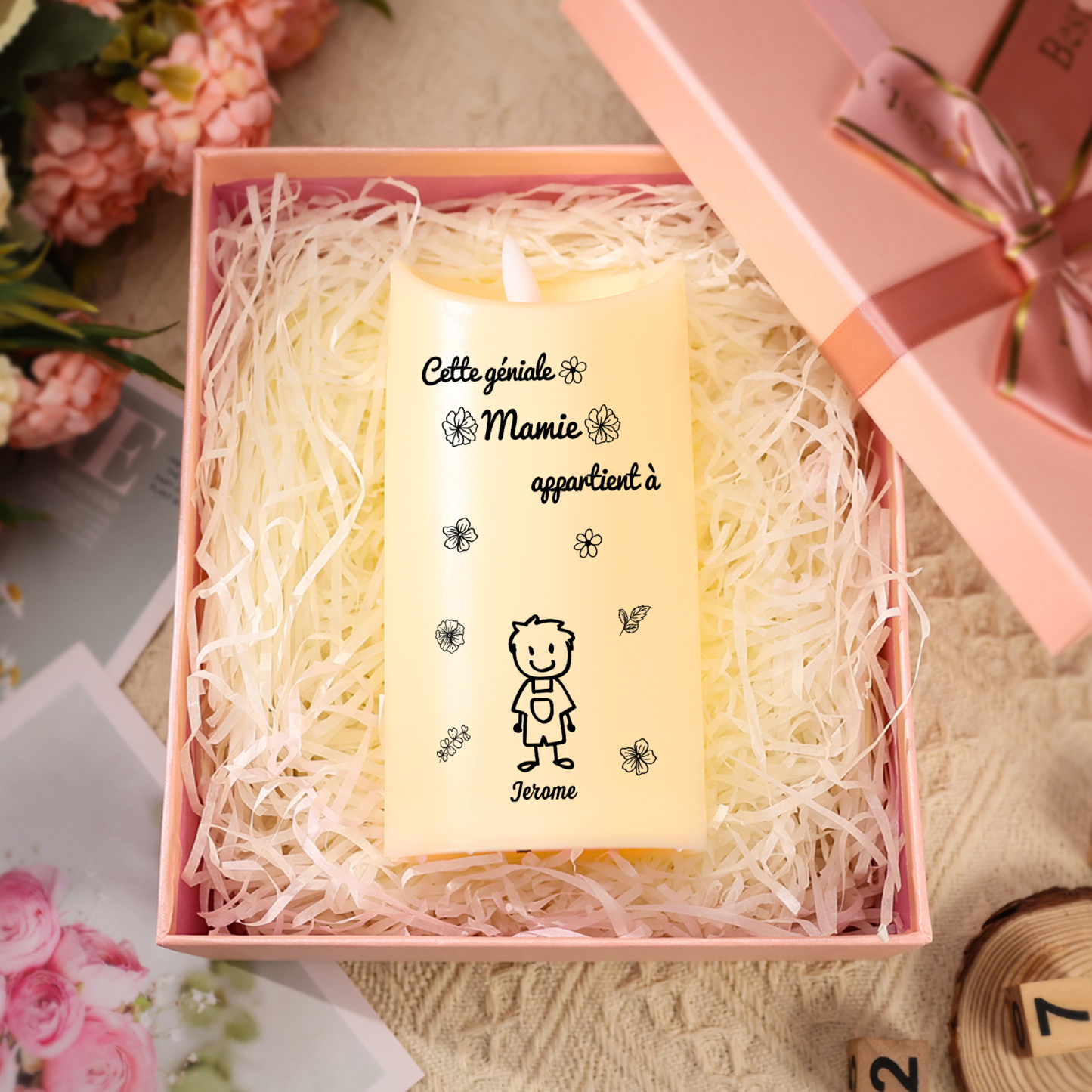 À Mamie - Bougie Électronique 1 Prénom Personnalisé avec 1 Dessin Bougie LED Avec Coffret pour Mamie | Jessemade