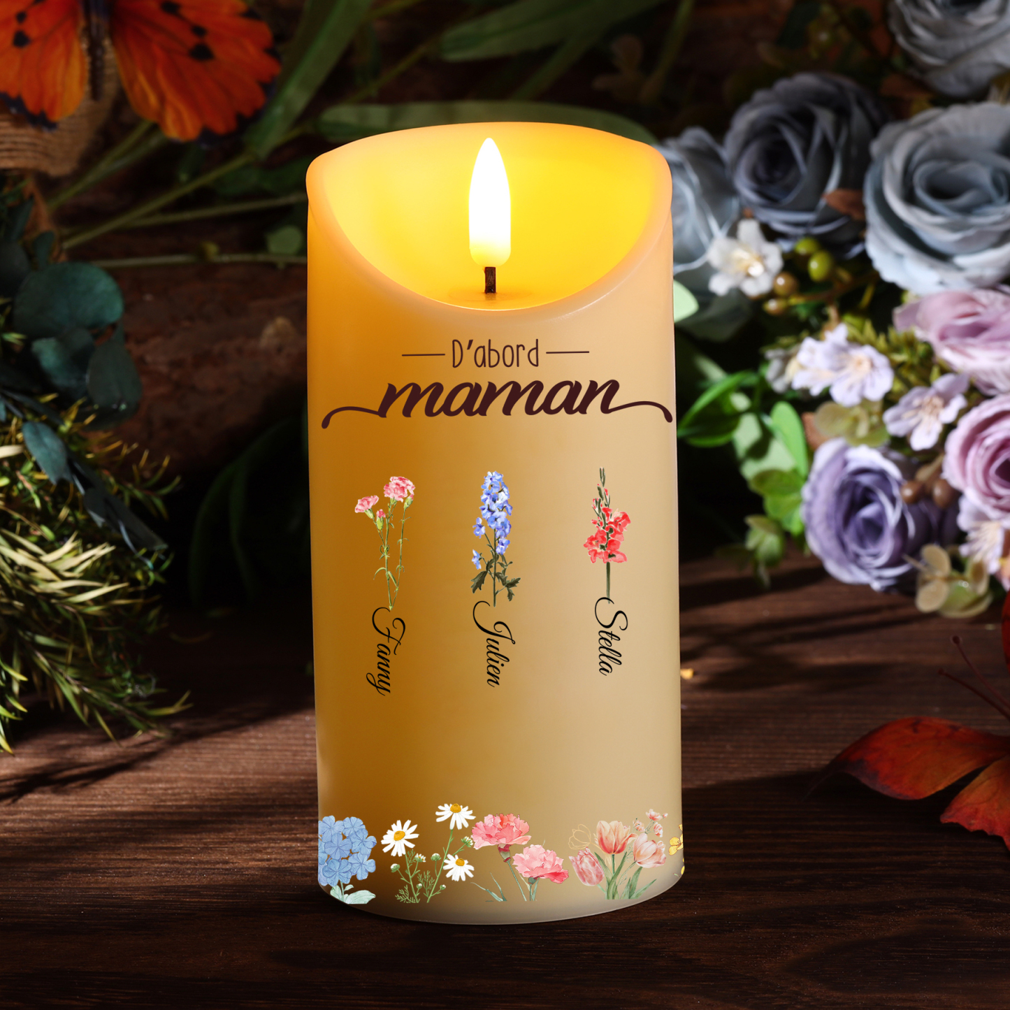 À ma Maman/Mamie-Bougie LED 2-10 Prénoms Personnalisés avec Fleur de Naissance Bougie Électronique | Jessemade