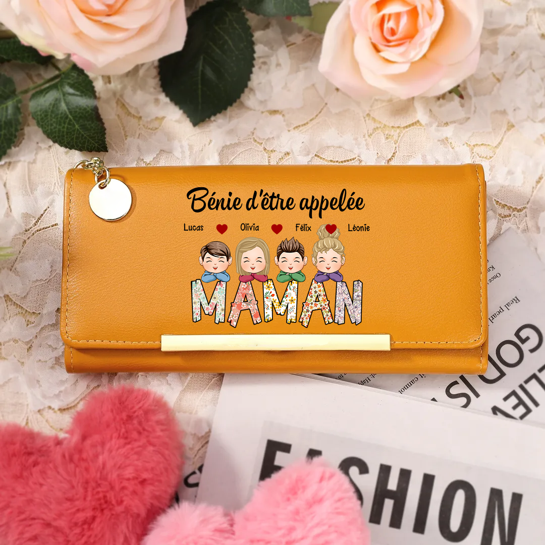 À ma Maman/Mamie -Portefeuille Personnalisé avec 1-8 Prénoms d'Enfants Porte-Monnaie en Rose/Bleu/Jaune | Jessemade
