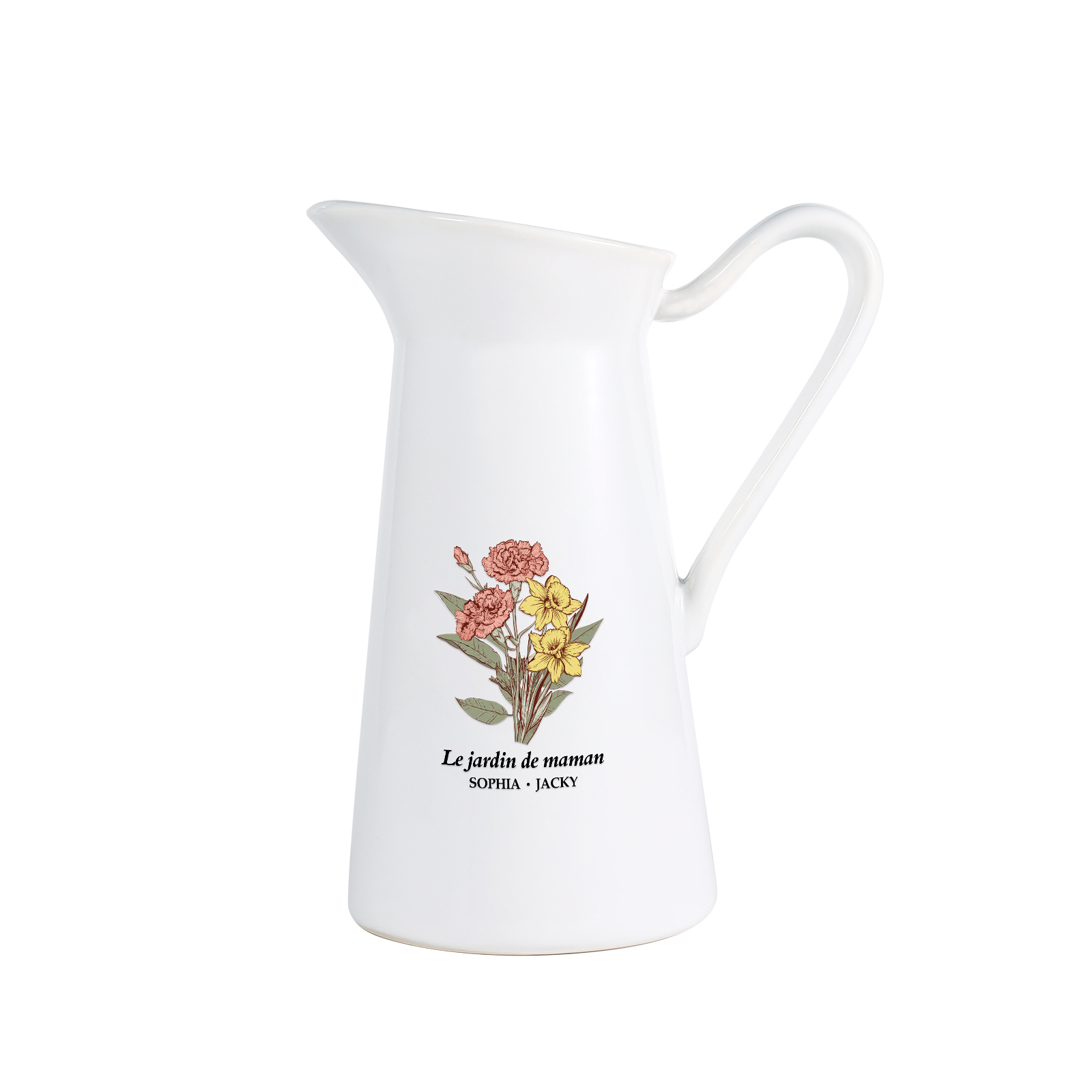 À Maman/Mamie - Vase Personnalisé 2-6 Prénoms et Fleurs de Naissance avec 1 Texte Vase Forme Pichet en Céramique (sans fleurs) | Jessemade