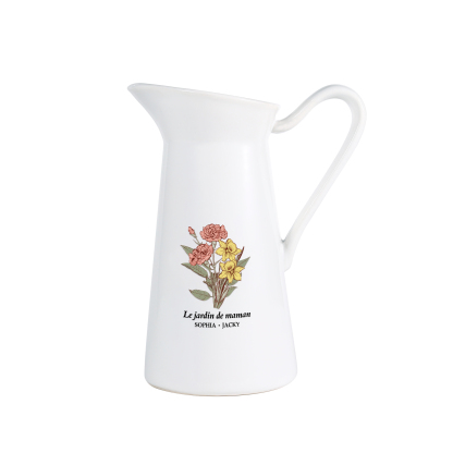 À Maman/Mamie - Vase Personnalisé 2-6 Prénoms et Fleurs de Naissance avec 1 Texte Vase Forme Pichet en Céramique (sans fleurs) | Jessemade
