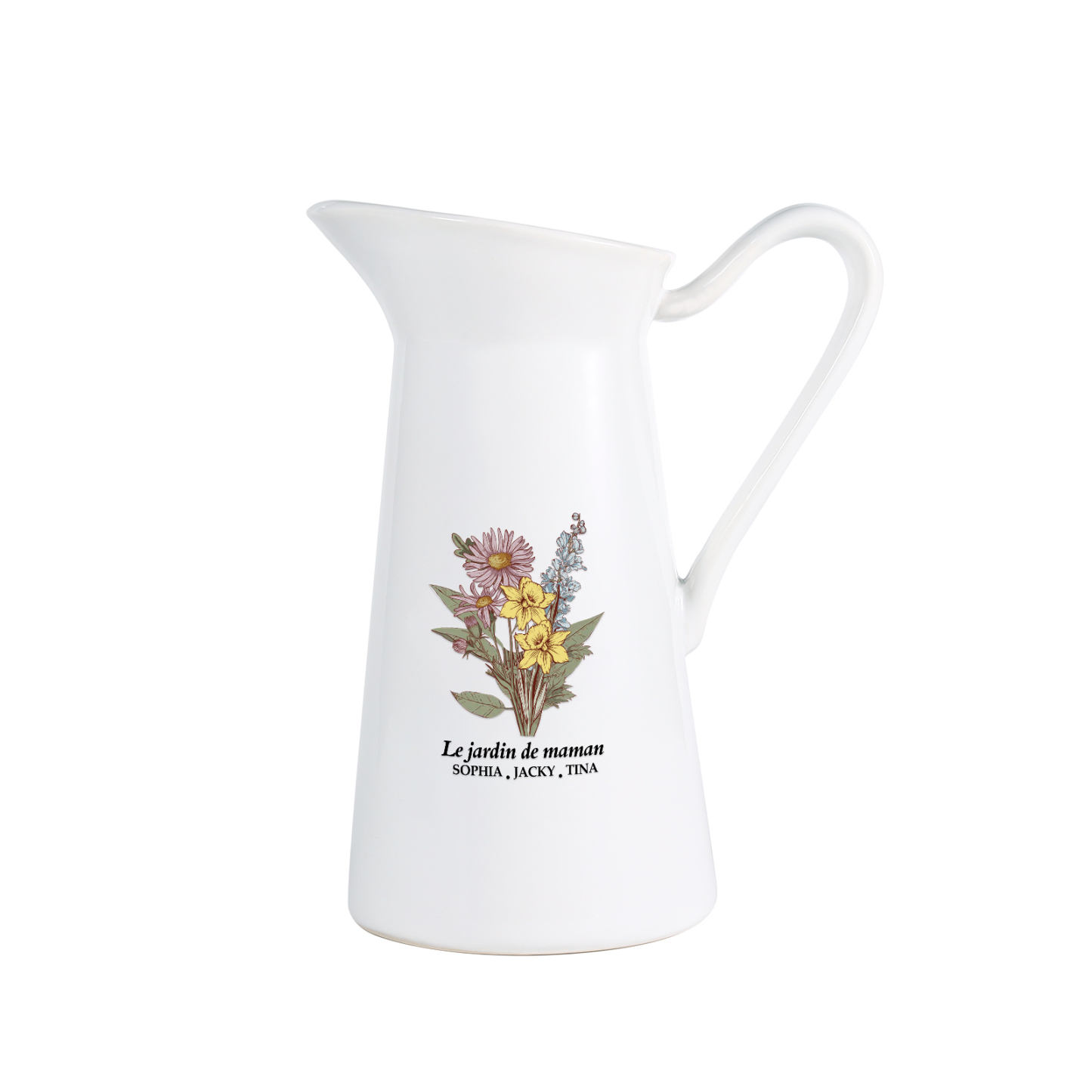 À Maman/Mamie - Vase Personnalisé 2-6 Prénoms et Fleurs de Naissance avec 1 Texte Vase Forme Pichet en Céramique (sans fleurs) | Jessemade