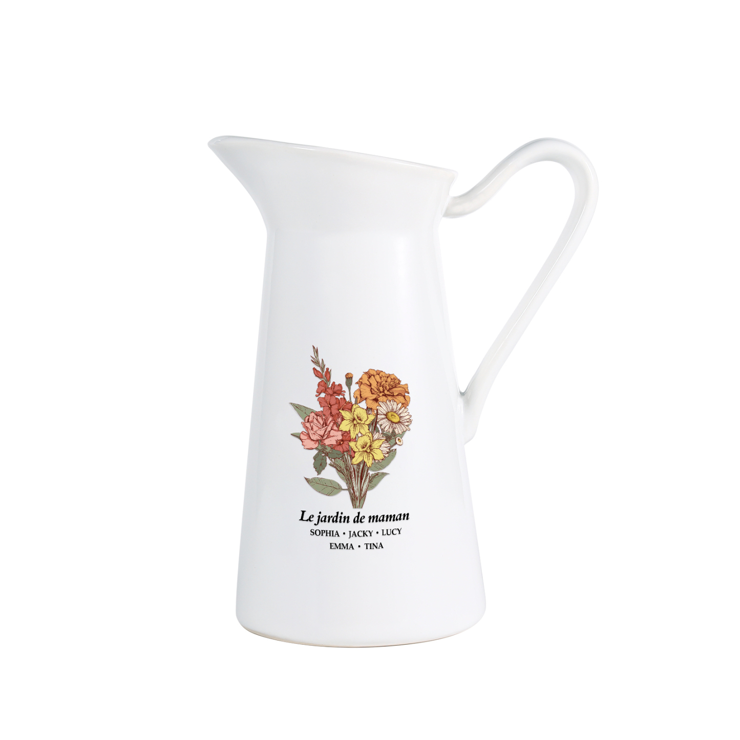 À Maman/Mamie - Vase Personnalisé 2-6 Prénoms et Fleurs de Naissance avec 1 Texte Vase Forme Pichet en Céramique (sans fleurs) | Jessemade