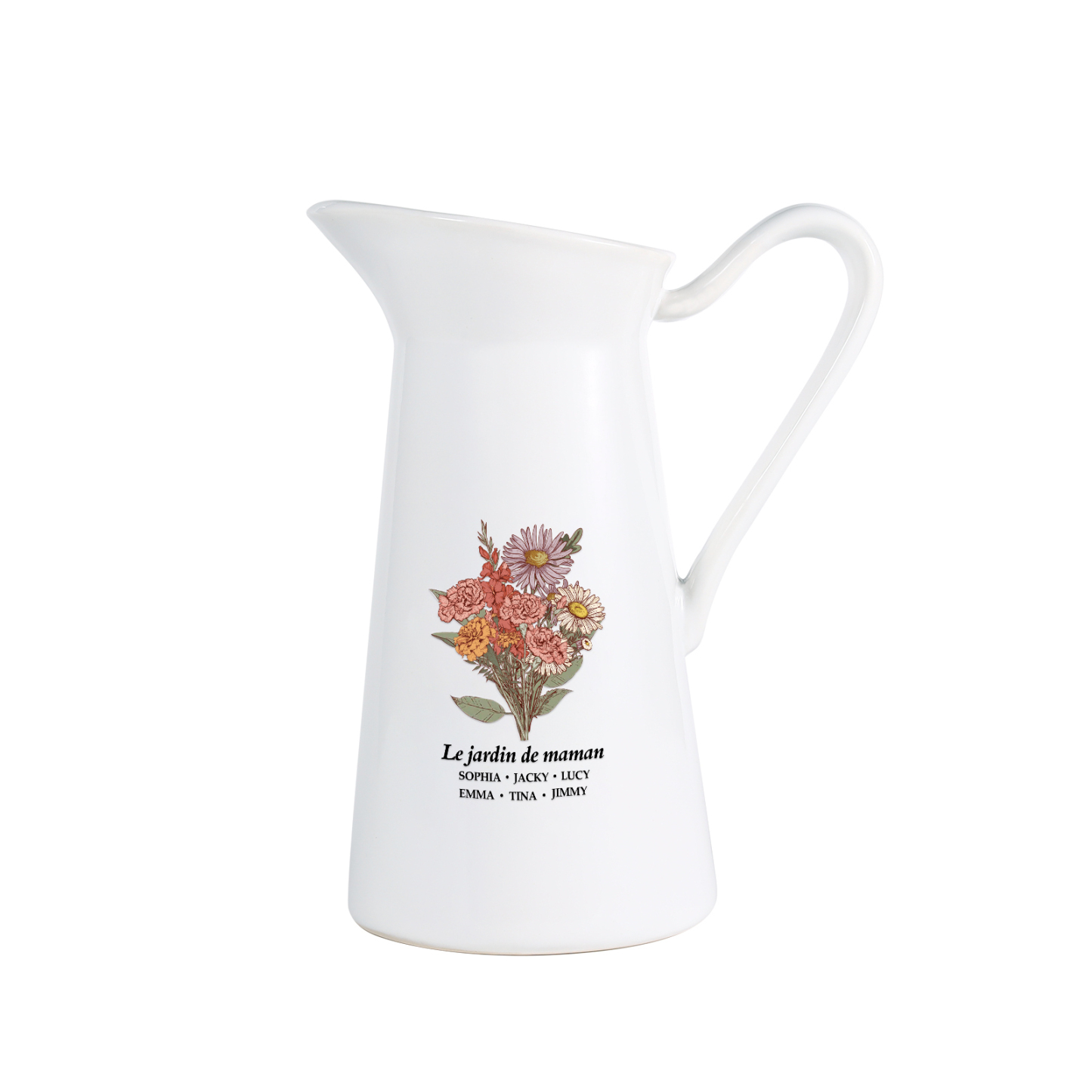 À Maman/Mamie - Vase Personnalisé 2-6 Prénoms et Fleurs de Naissance avec 1 Texte Vase Forme Pichet en Céramique (sans fleurs) | Jessemade