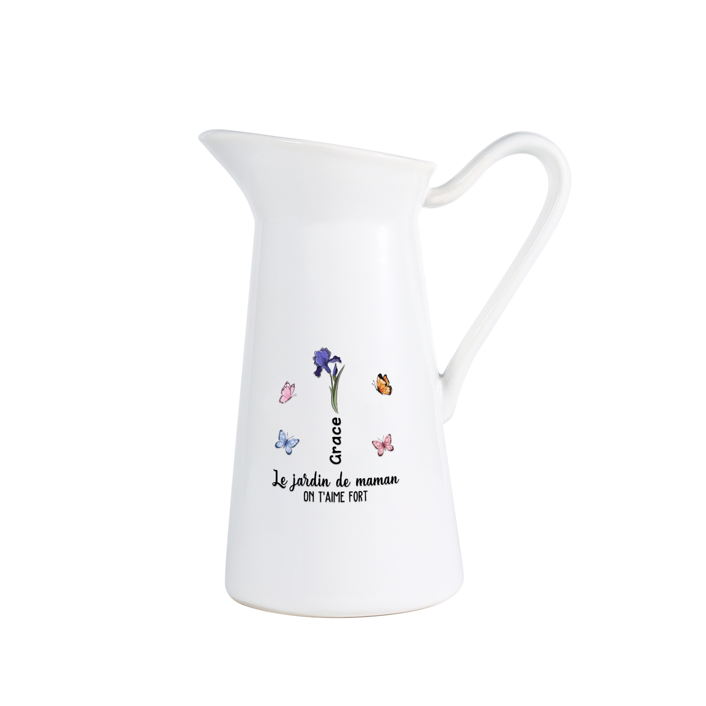 À Maman/Mamie - Vase Personnalisé 1-6 Prénoms et Fleurs de Naissance avec 2 Textes Vase Forme Pichet en Céramique (sans fleurs) | Jessemade