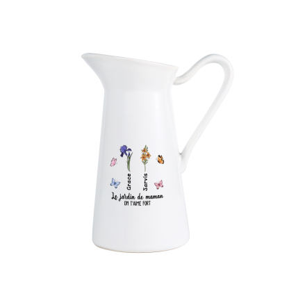À Maman/Mamie - Vase Personnalisé 1-6 Prénoms et Fleurs de Naissance avec 2 Textes Vase Forme Pichet en Céramique (sans fleurs) | Jessemade