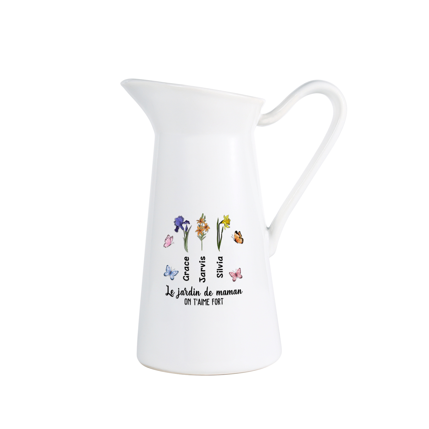 À Maman/Mamie - Vase Personnalisé 1-6 Prénoms et Fleurs de Naissance avec 2 Textes Vase Forme Pichet en Céramique (sans fleurs) | Jessemade