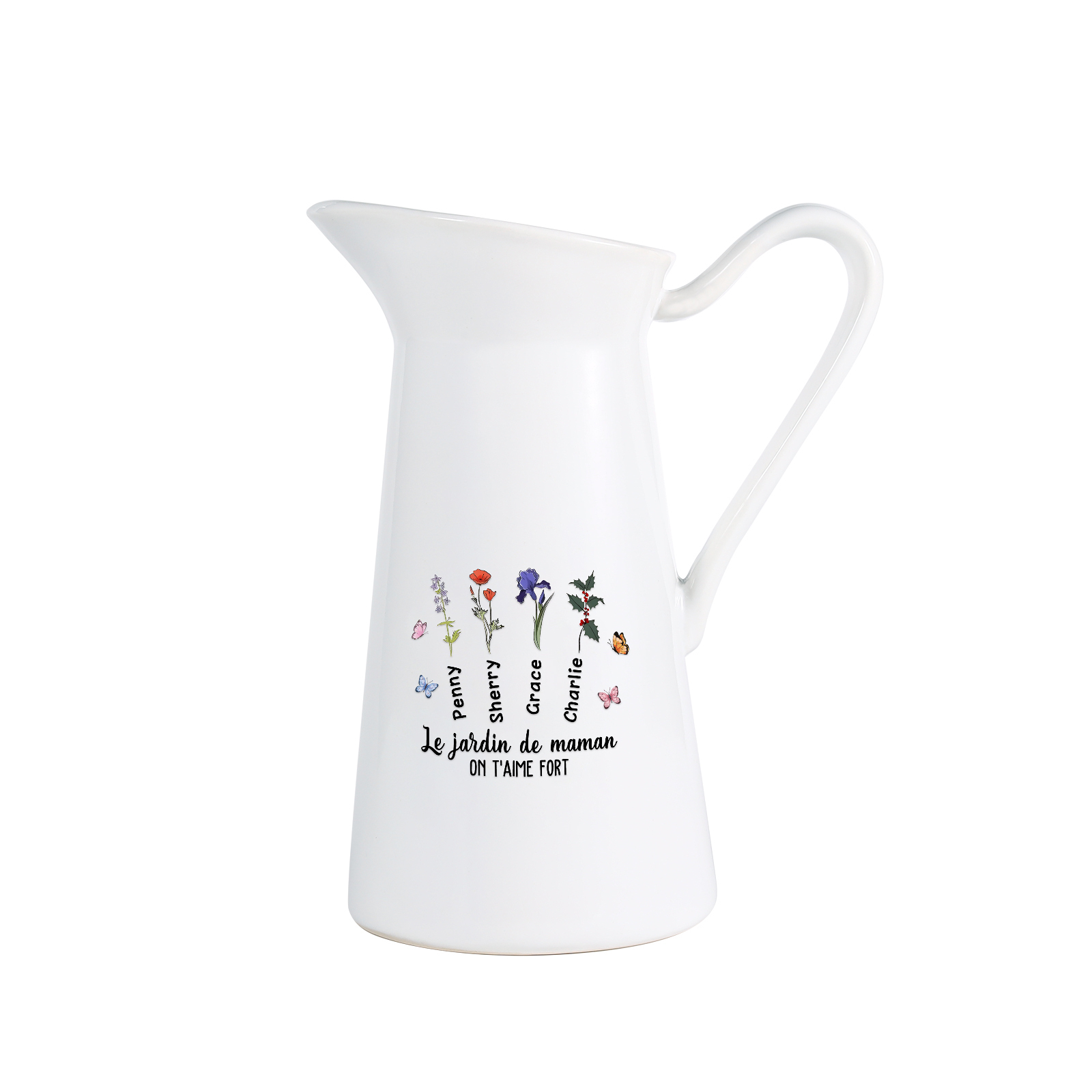 À Maman/Mamie - Vase Personnalisé 1-6 Prénoms et Fleurs de Naissance avec 2 Textes Vase Forme Pichet en Céramique (sans fleurs) | Jessemade