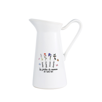 À Maman/Mamie - Vase Personnalisé 1-6 Prénoms et Fleurs de Naissance avec 2 Textes Vase Forme Pichet en Céramique (sans fleurs) | Jessemade