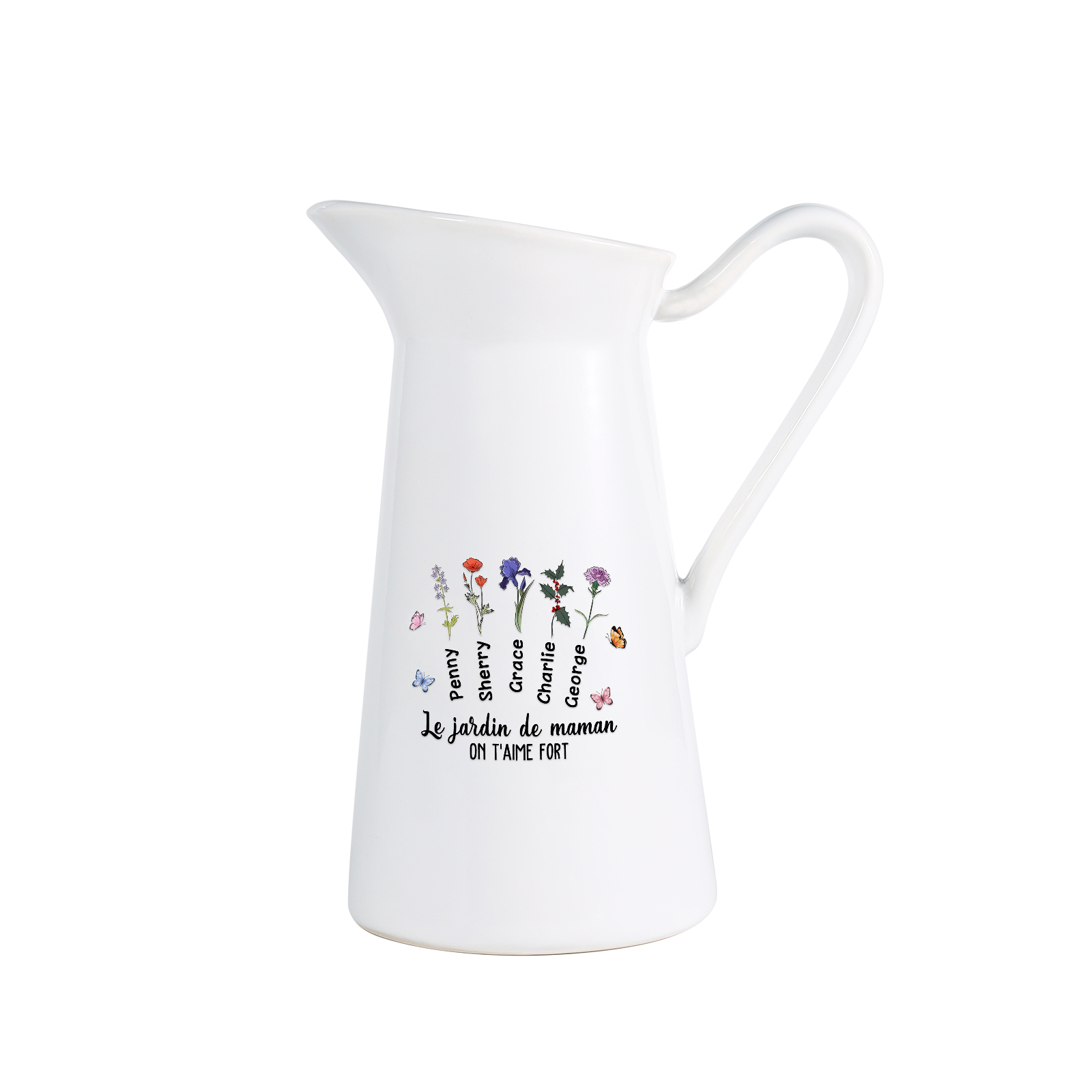 À Maman/Mamie - Vase Personnalisé 1-6 Prénoms et Fleurs de Naissance avec 2 Textes Vase Forme Pichet en Céramique (sans fleurs) | Jessemade