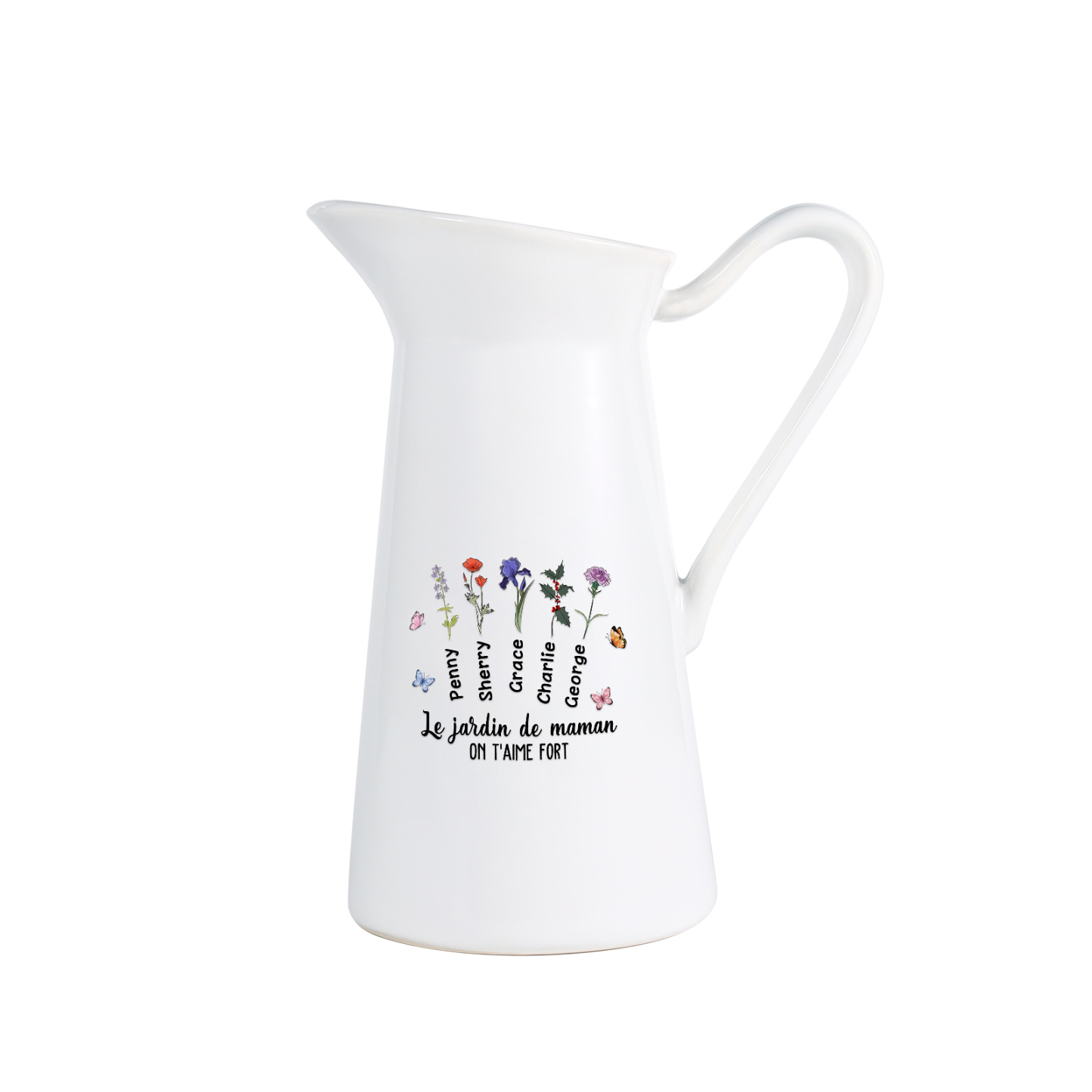 À Maman/Mamie - Vase Personnalisé 1-6 Prénoms et Fleurs de Naissance avec 2 Textes Vase Forme Pichet en Céramique (sans fleurs) | Jessemade