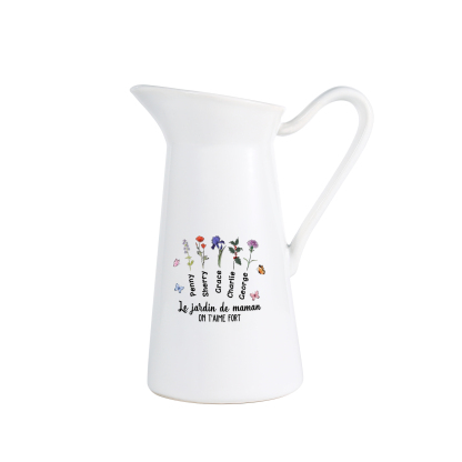 À Maman/Mamie - Vase Personnalisé 1-6 Prénoms et Fleurs de Naissance avec 2 Textes Vase Forme Pichet en Céramique (sans fleurs) | Jessemade