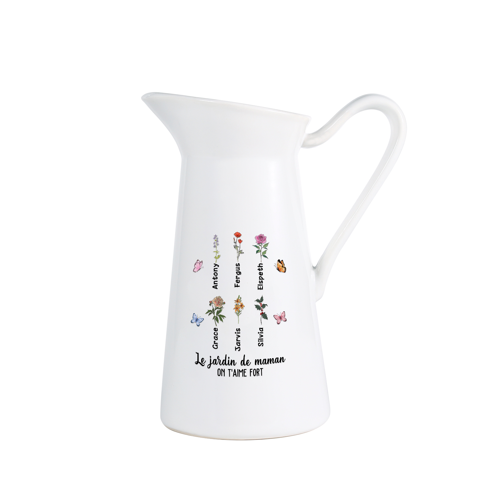 À Maman/Mamie - Vase Personnalisé 1-6 Prénoms et Fleurs de Naissance avec 2 Textes Vase Forme Pichet en Céramique (sans fleurs) | Jessemade