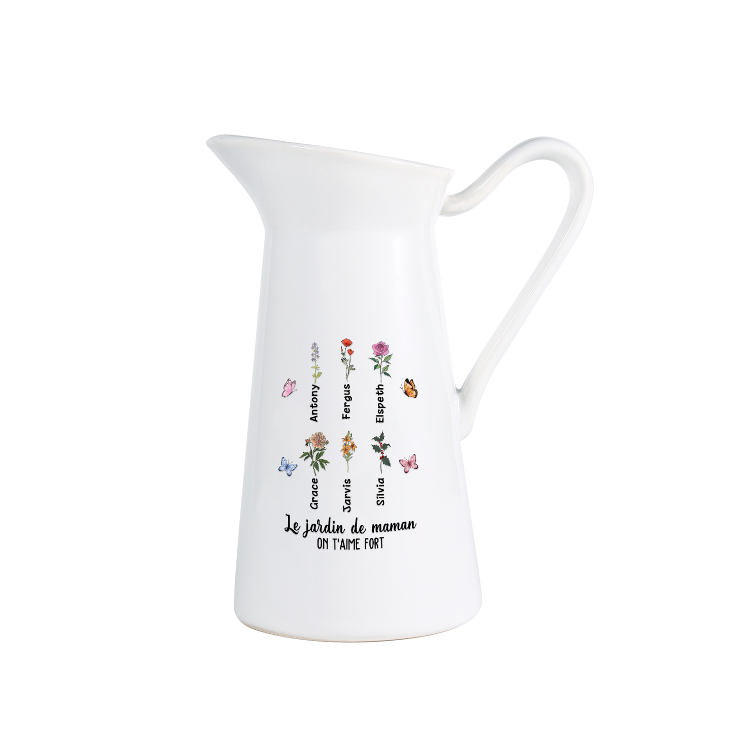 À Maman/Mamie - Vase Personnalisé 1-6 Prénoms et Fleurs de Naissance avec 2 Textes Vase Forme Pichet en Céramique (sans fleurs) | Jessemade