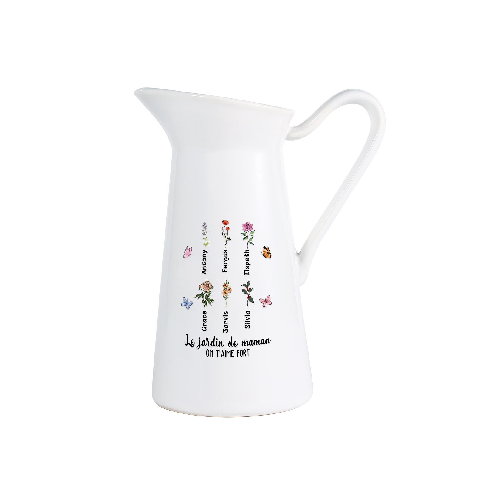 À Maman/Mamie - Vase Personnalisé 1-6 Prénoms et Fleurs de Naissance avec 2 Textes Vase Forme Pichet en Céramique (sans fleurs) | Jessemade