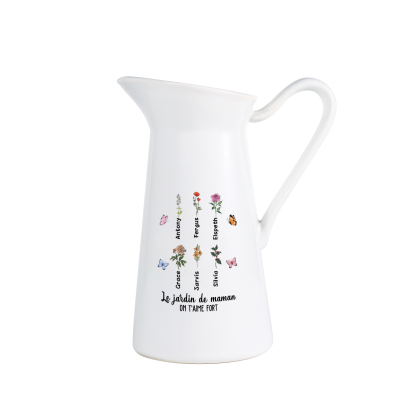 À Maman/Mamie - Vase Personnalisé 1-6 Prénoms et Fleurs de Naissance avec 2 Textes Vase Forme Pichet en Céramique (sans fleurs) | Jessemade