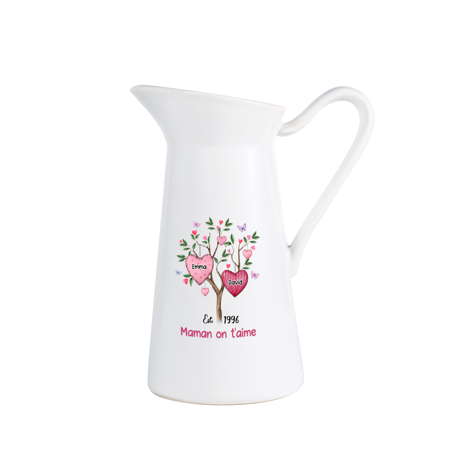 À Maman/Mamie - Vase Personnalisé 2-8 Prénoms et 1 Date avec 1 Texte Vase Forme Pichet en Céramique (sans fleurs) | Jessemade
