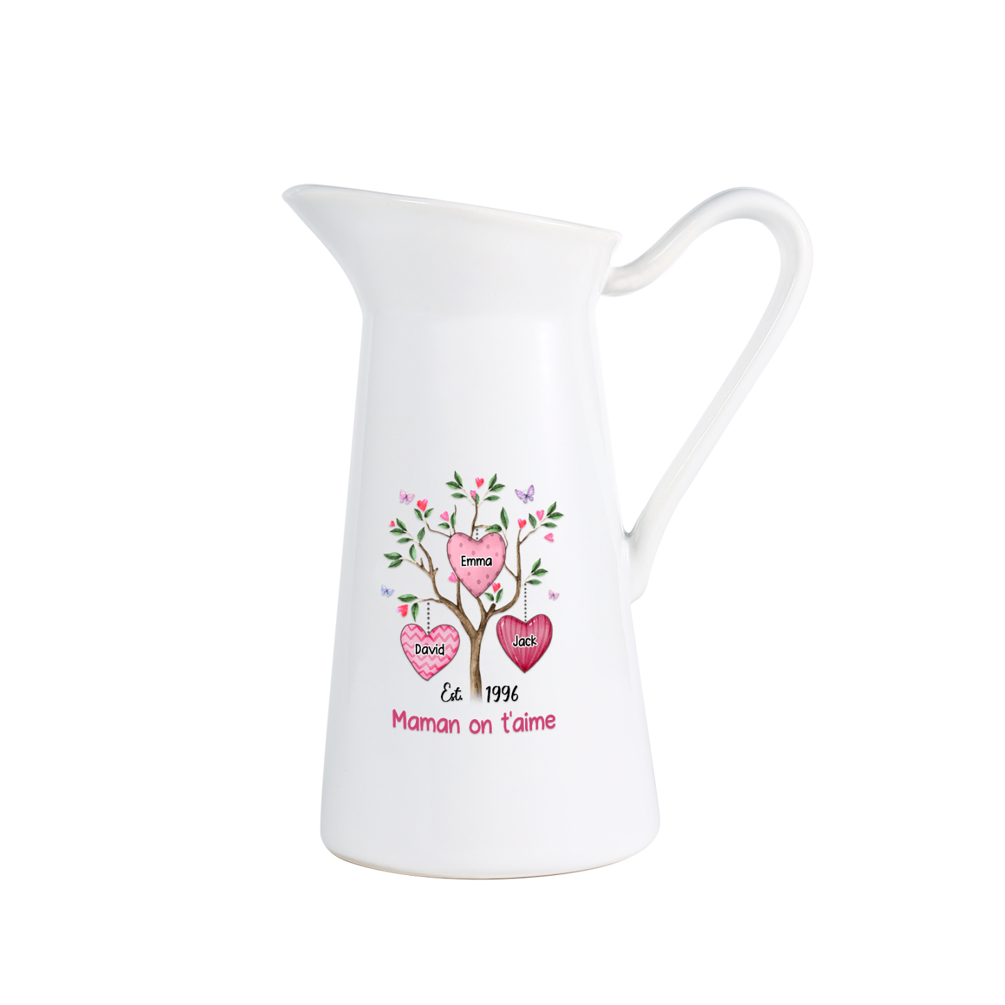 À Maman/Mamie - Vase Personnalisé 2-8 Prénoms et 1 Date avec 1 Texte Vase Forme Pichet en Céramique (sans fleurs) | Jessemade