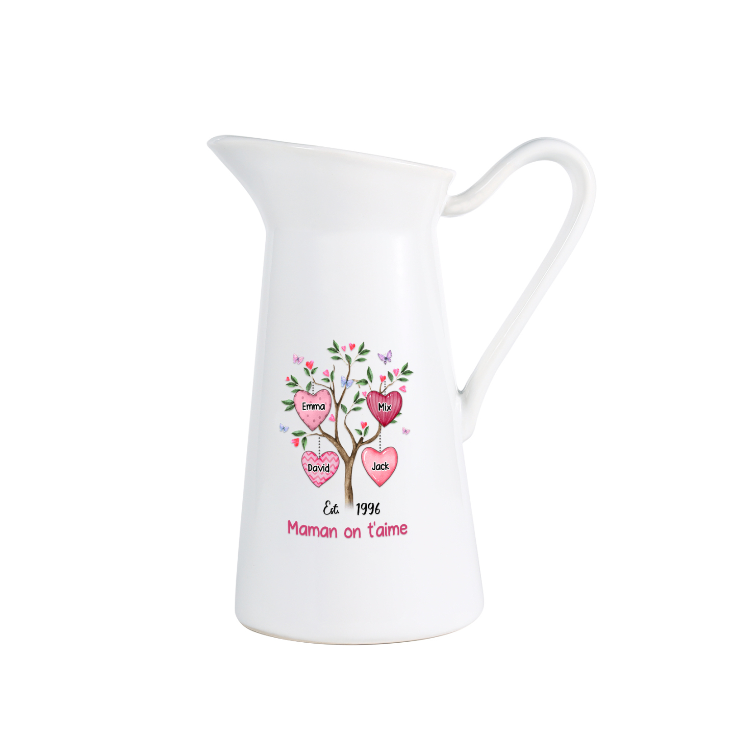 À Maman/Mamie - Vase Personnalisé 2-8 Prénoms et 1 Date avec 1 Texte Vase Forme Pichet en Céramique (sans fleurs) | Jessemade