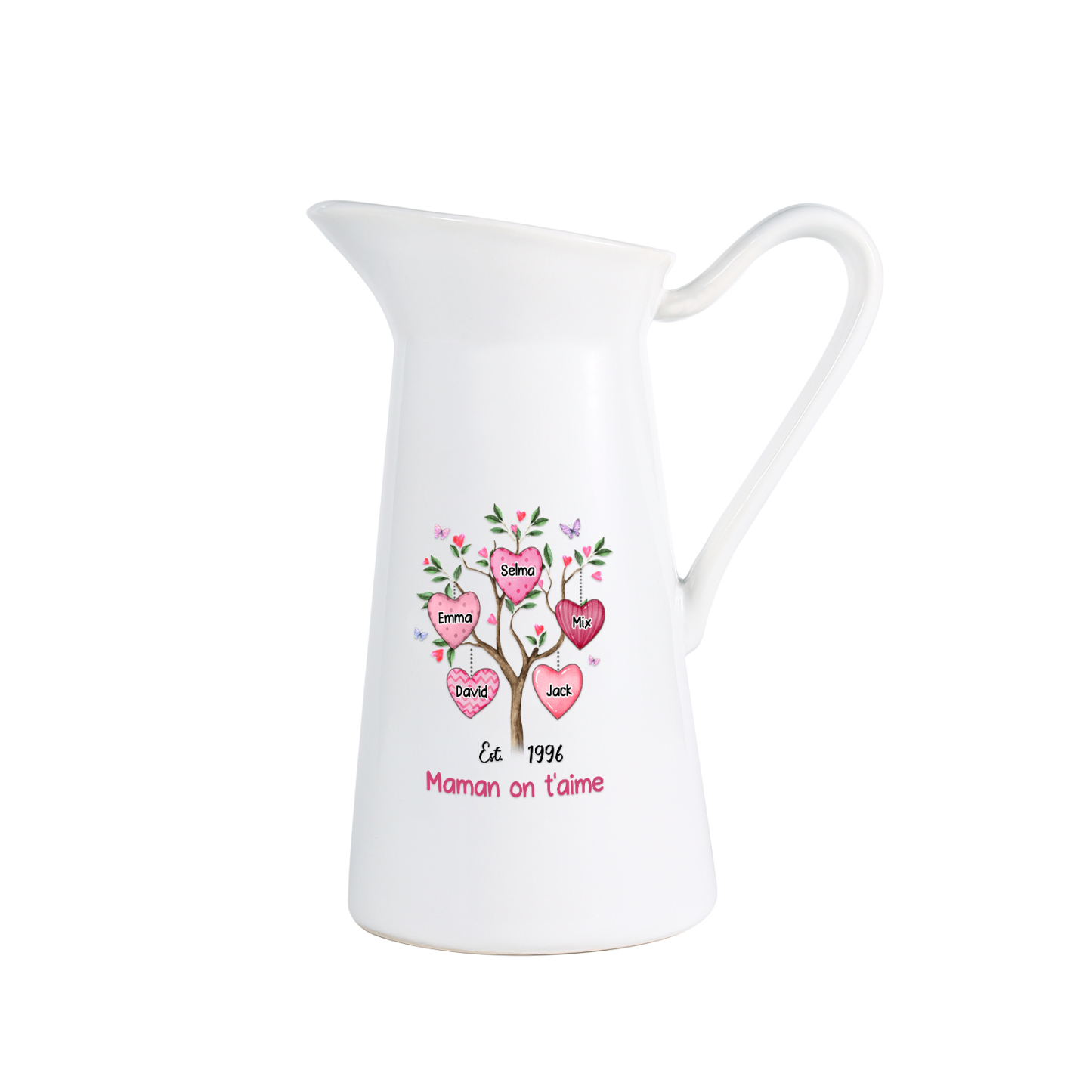 À Maman/Mamie - Vase Personnalisé 2-8 Prénoms et 1 Date avec 1 Texte Vase Forme Pichet en Céramique (sans fleurs) | Jessemade