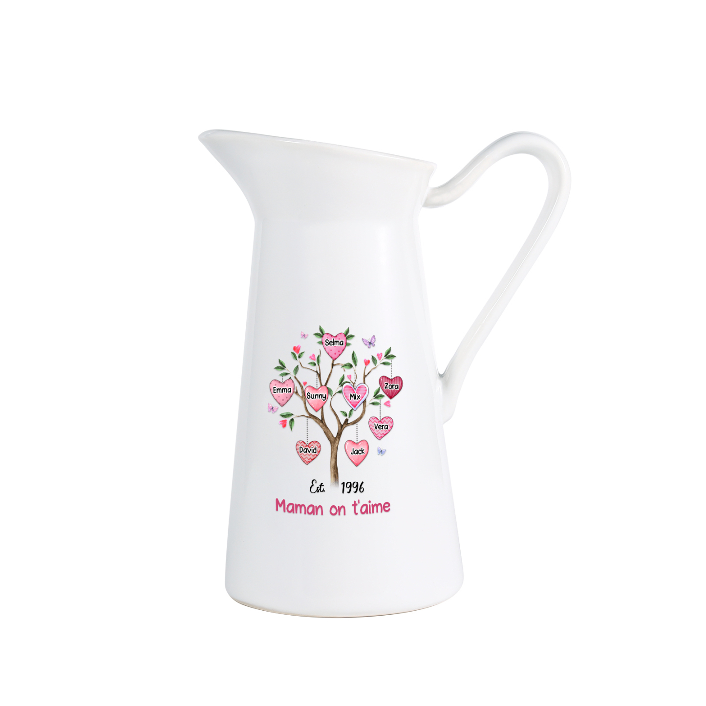 À Maman/Mamie - Vase Personnalisé 2-8 Prénoms et 1 Date avec 1 Texte Vase Forme Pichet en Céramique (sans fleurs) | Jessemade