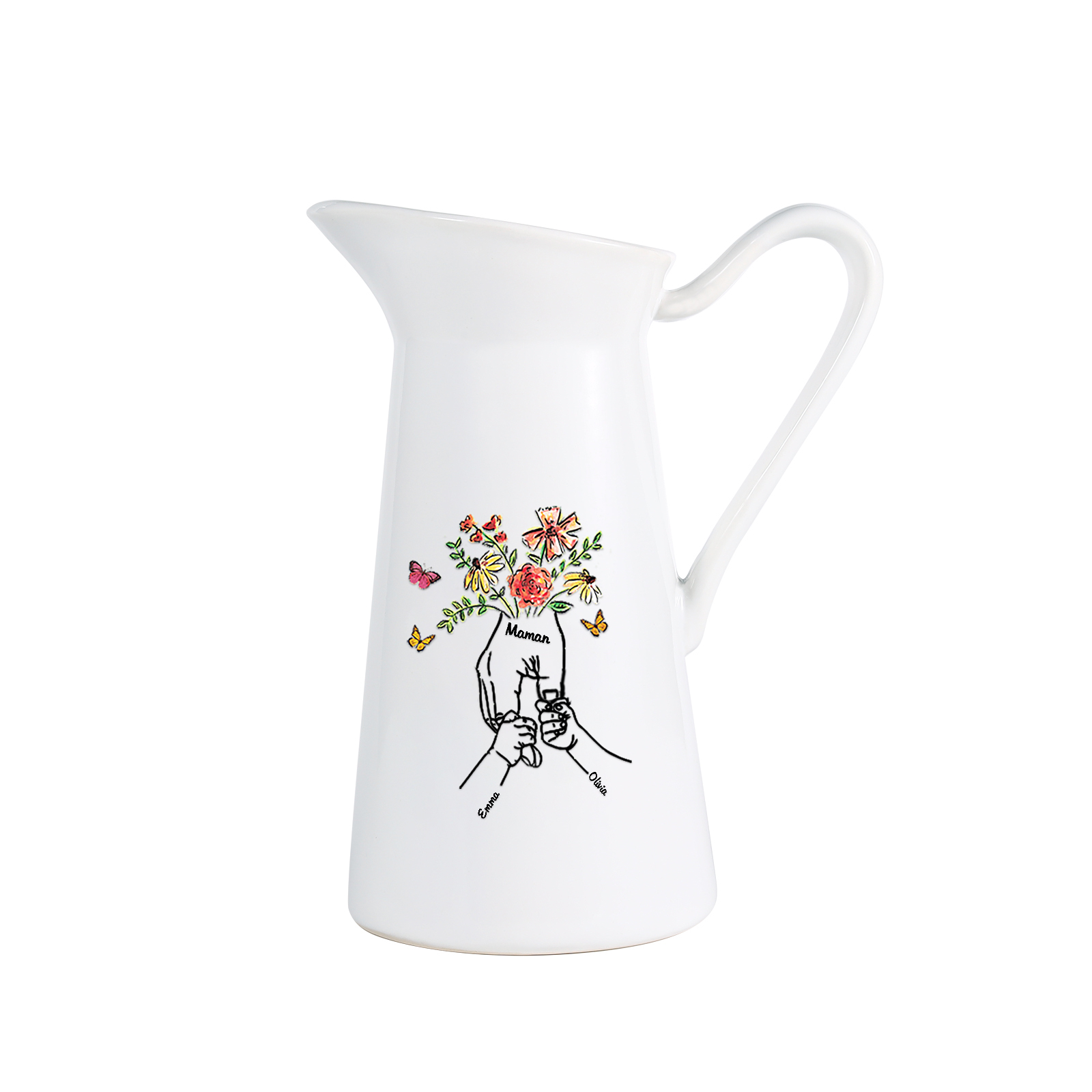 À Maman/Mamie - Vase Personnalisé 2-8 Prénoms avec 1 Texte Vase Forme Pichet en Céramique (sans fleurs) | Jessemade