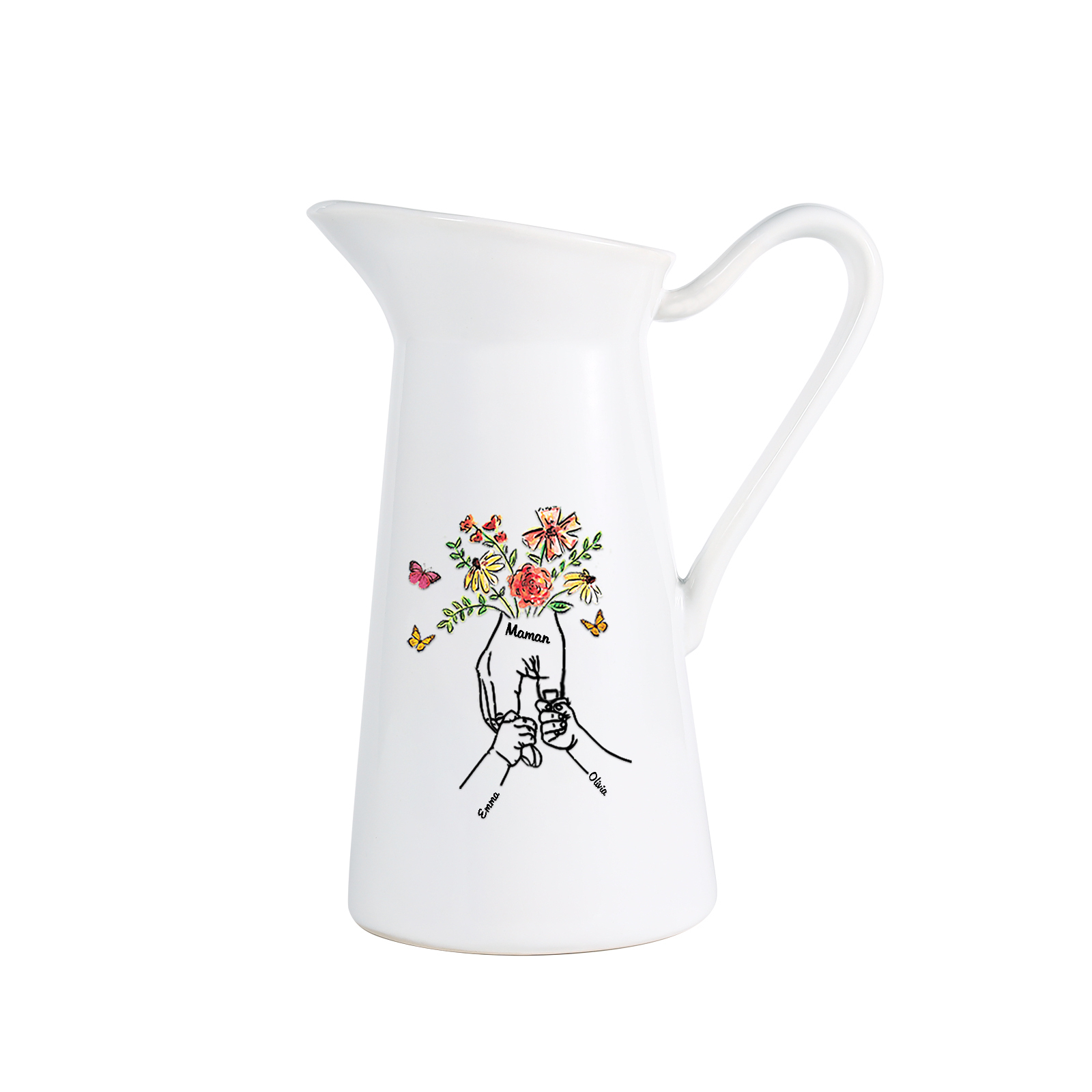 À Maman/Mamie - Vase Personnalisé 2-8 Prénoms avec 1 Texte Vase Forme Pichet en Céramique (sans fleurs) | Jessemade