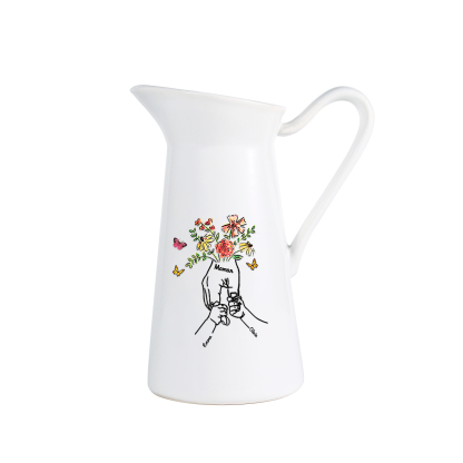 À Maman/Mamie - Vase Personnalisé 2-8 Prénoms avec 1 Texte Vase Forme Pichet en Céramique (sans fleurs) | Jessemade