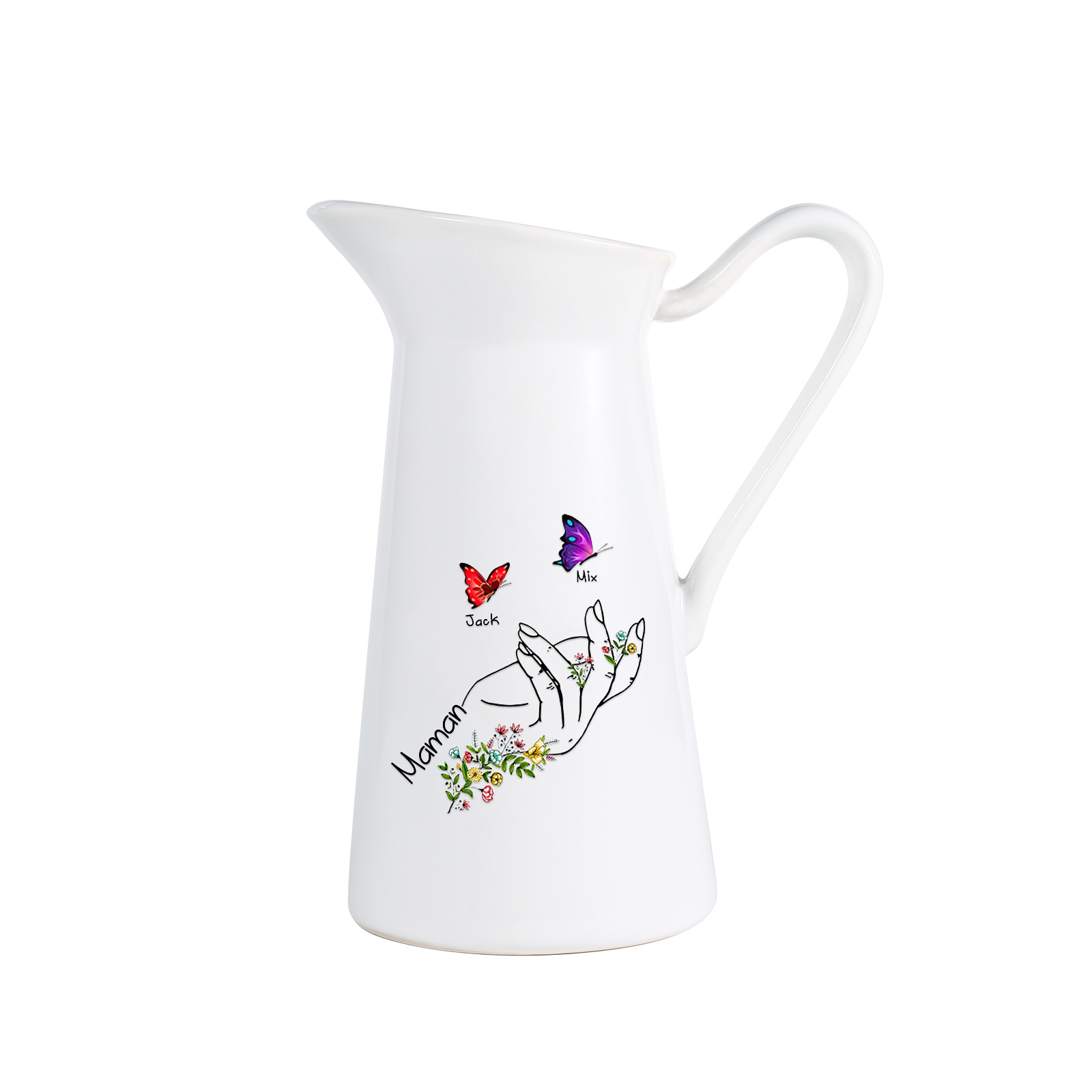 À Maman/Mamie - Vase Personnalisé 2-8 Prénoms avec 1 Texte Vase Forme Pichet et Papillonen Céramique (sans fleurs) | Jessemade