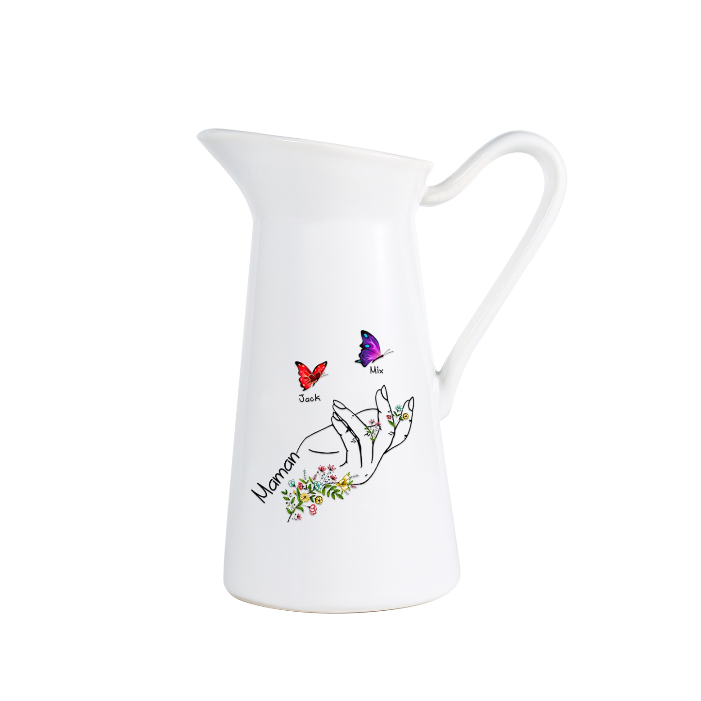 À Maman/Mamie - Vase Personnalisé 2-8 Prénoms avec 1 Texte Vase Forme Pichet et Papillonen Céramique (sans fleurs) | Jessemade