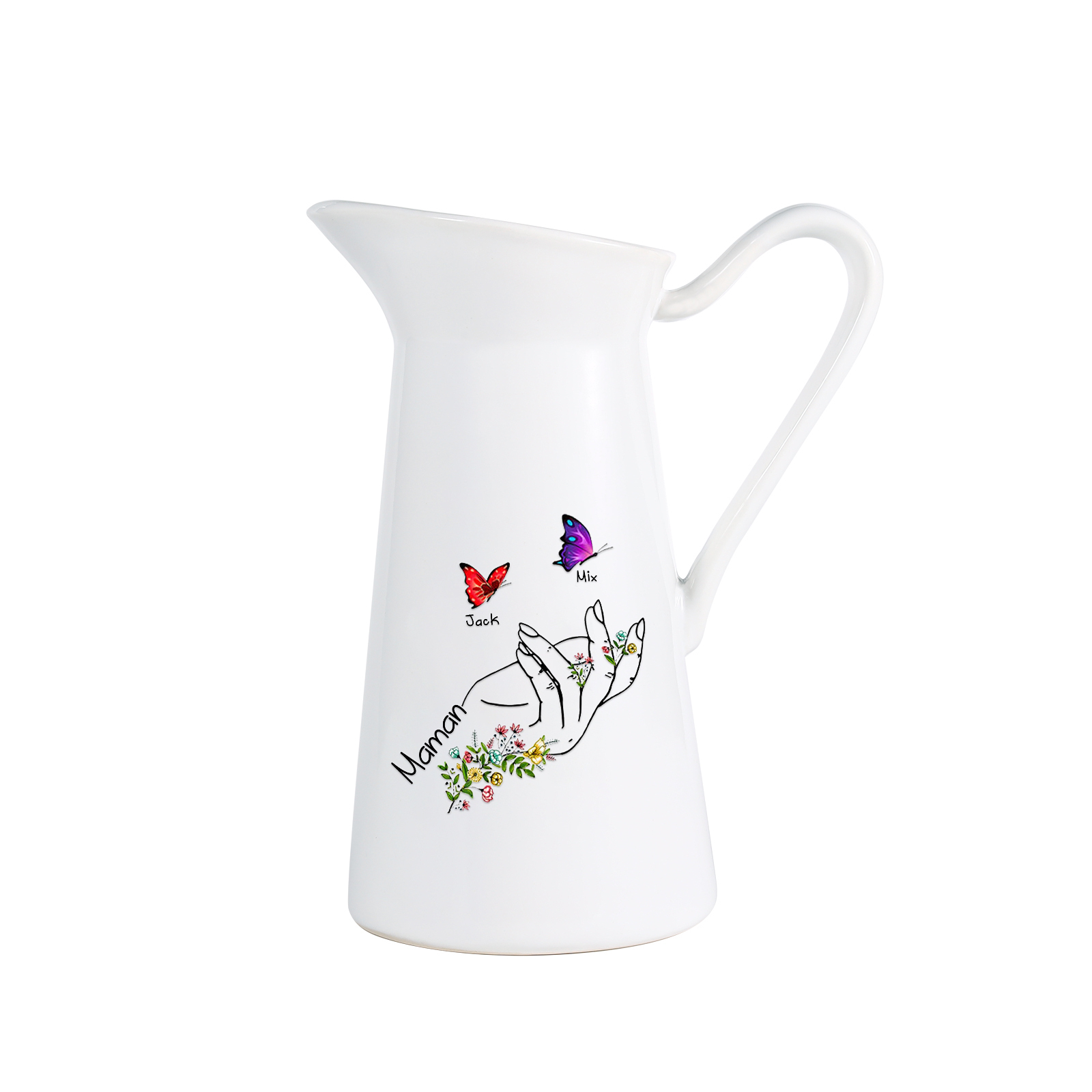 À Maman/Mamie - Vase Personnalisé 2-8 Prénoms avec 1 Texte Vase Forme Pichet et Papillonen Céramique (sans fleurs) | Jessemade