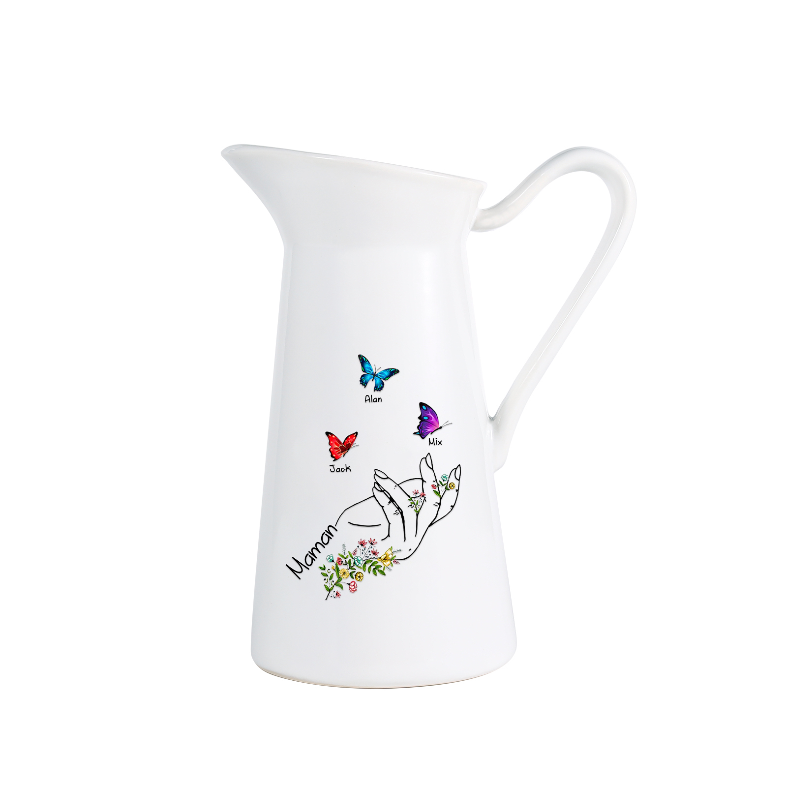 À Maman/Mamie - Vase Personnalisé 2-8 Prénoms avec 1 Texte Vase Forme Pichet et Papillonen Céramique (sans fleurs) | Jessemade