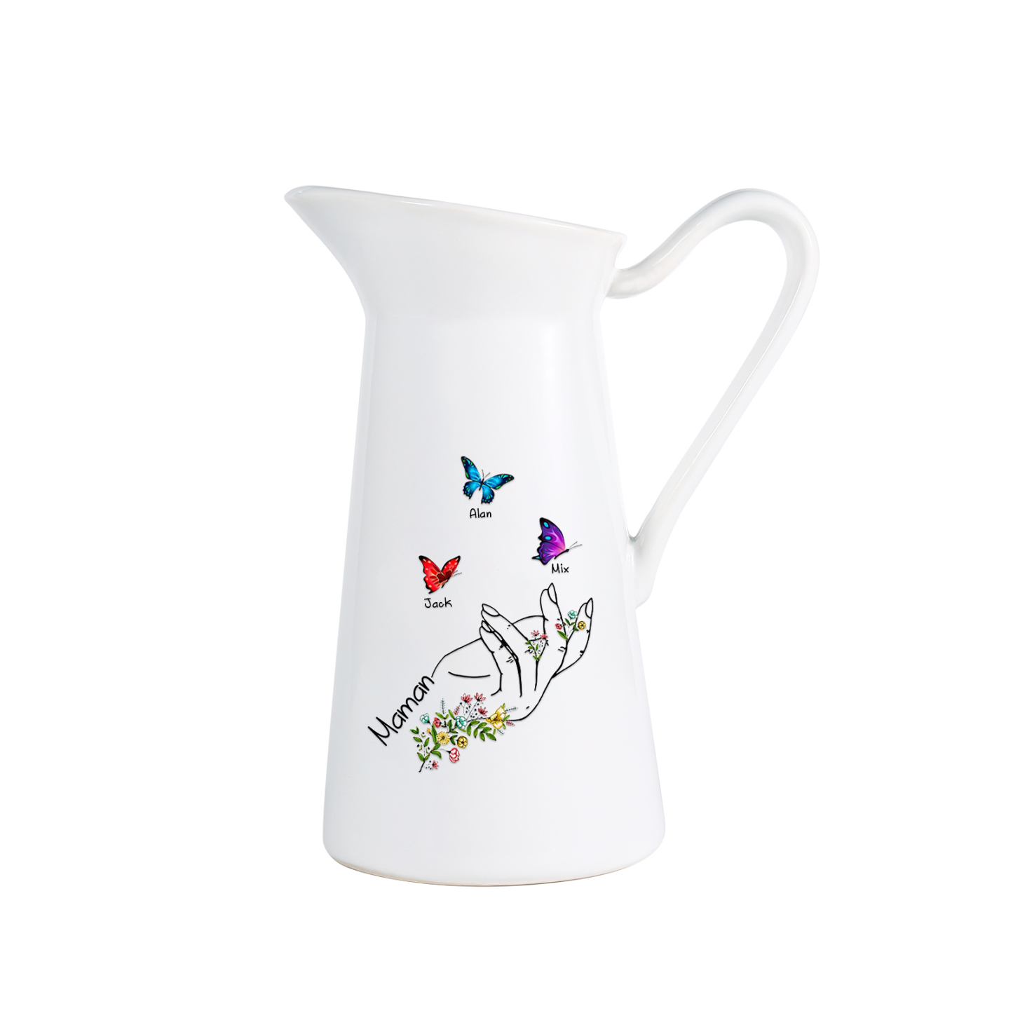 À Maman/Mamie - Vase Personnalisé 2-8 Prénoms avec 1 Texte Vase Forme Pichet et Papillonen Céramique (sans fleurs) | Jessemade