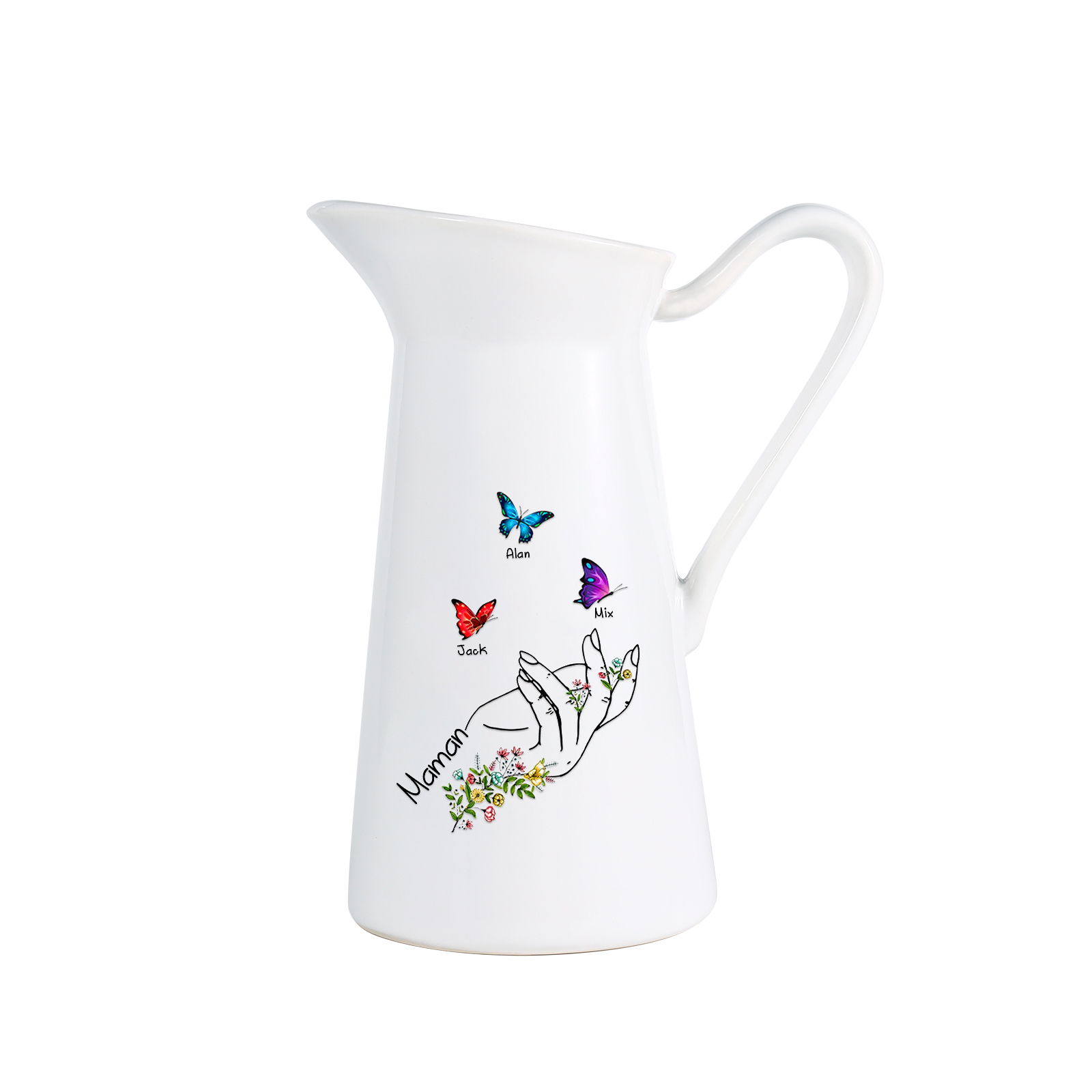 À Maman/Mamie - Vase Personnalisé 2-8 Prénoms avec 1 Texte Vase Forme Pichet et Papillonen Céramique (sans fleurs) | Jessemade