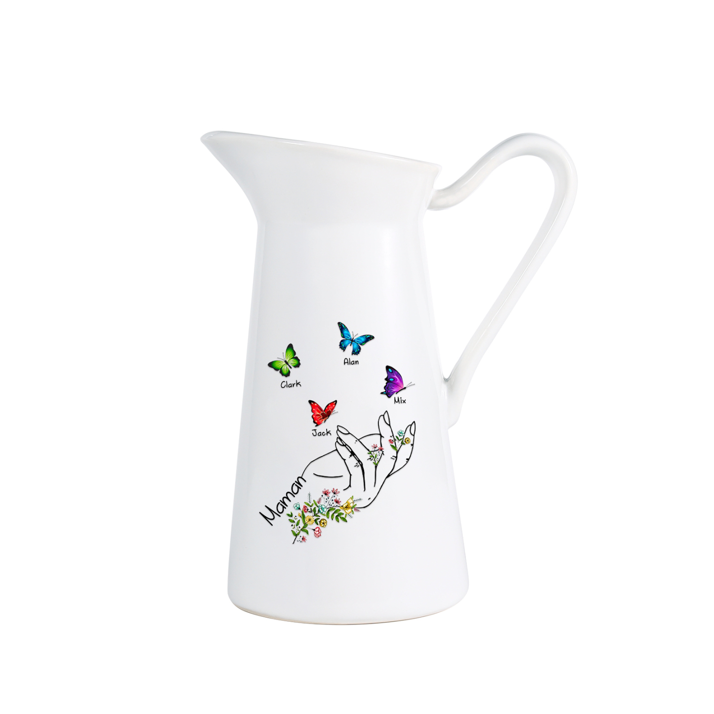 À Maman/Mamie - Vase Personnalisé 2-8 Prénoms avec 1 Texte Vase Forme Pichet et Papillonen Céramique (sans fleurs) | Jessemade